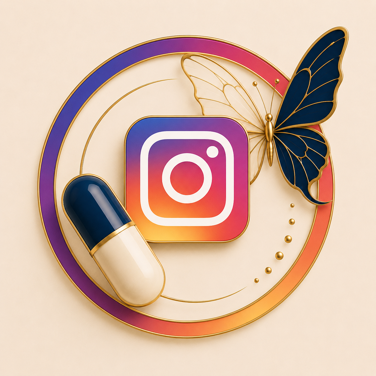 Decorative image featuring the Instagram logo, a pill capsule, and a butterfly, with colorful circular accents and gold trim on a beige background.