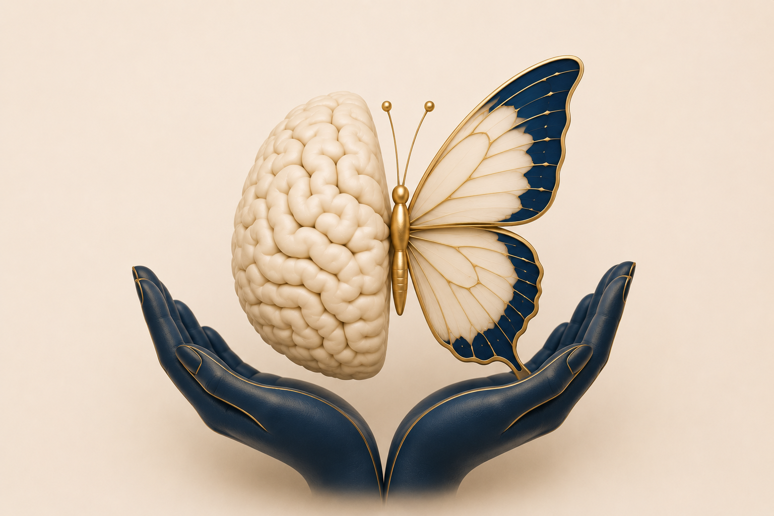 A pair of hands holding a fusion of a human brain and a butterfly, with the brain on the left and butterfly wings on the right, against a plain background.