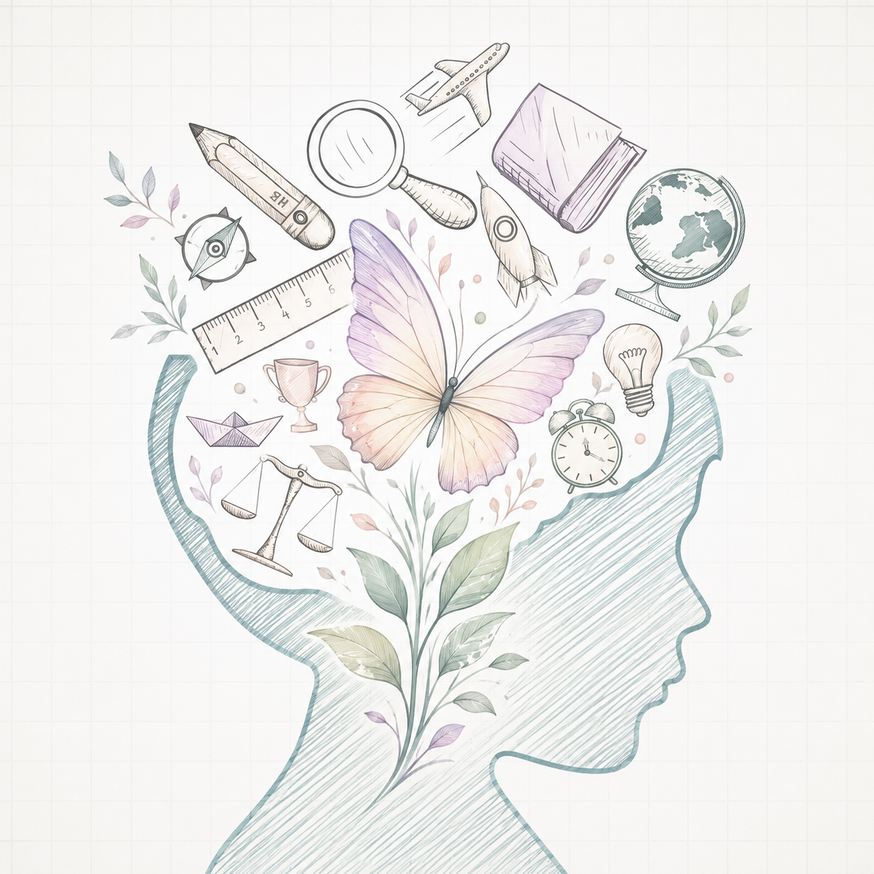 A minimalist illustration of a woman's profile with various education and creativity-related icons, including a butterfly at the center, surrounded by a globe, clock, light bulb, ship, airplane, magnifying glass, ruler, pencil, open book, trophy, paper boat, scales, and plant leaves on a grid background.