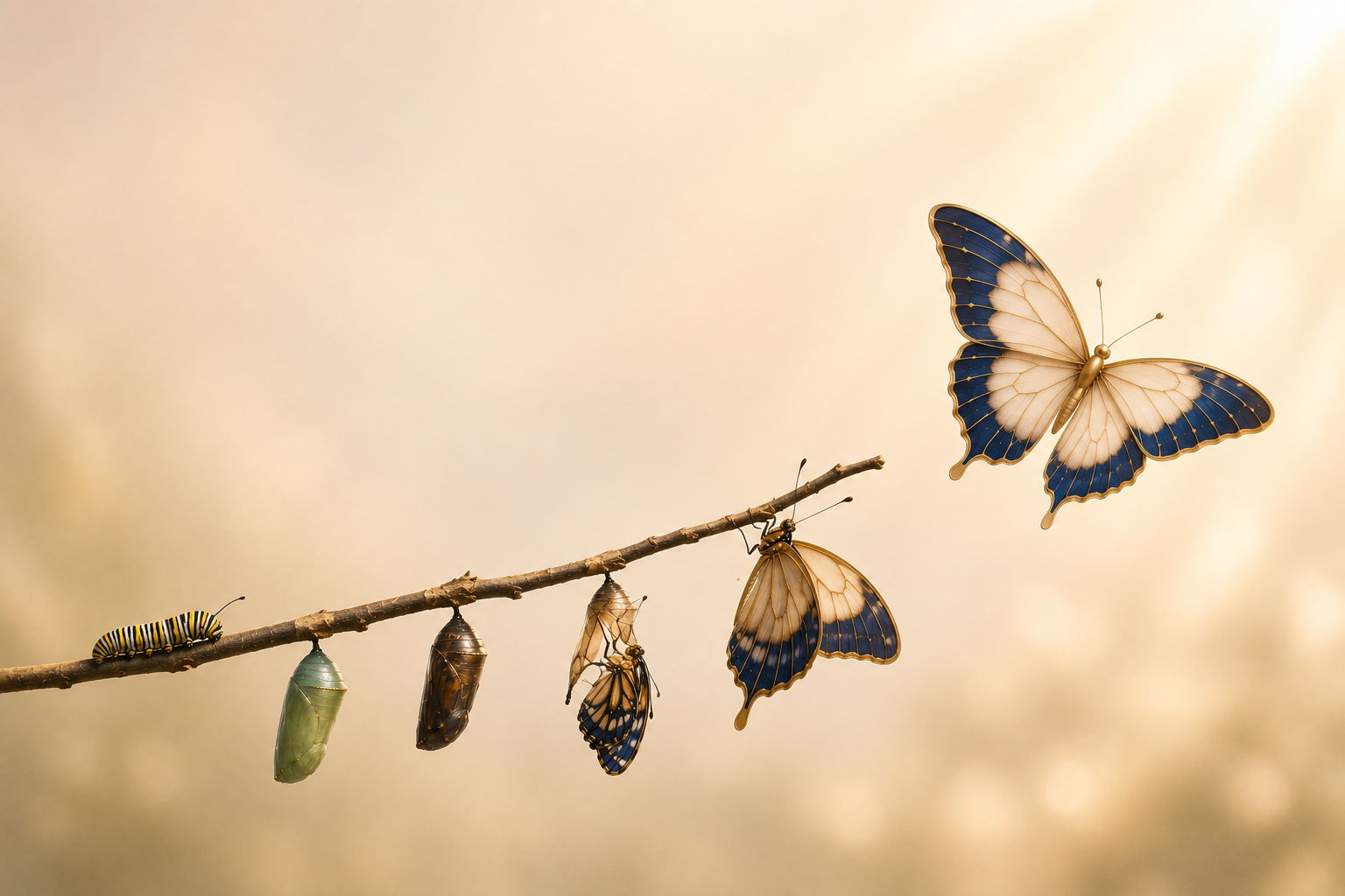 A light-colored branch with various stages of butterfly metamorphosis, including a caterpillar, chrysalis, and fully developed butterflies in flight.