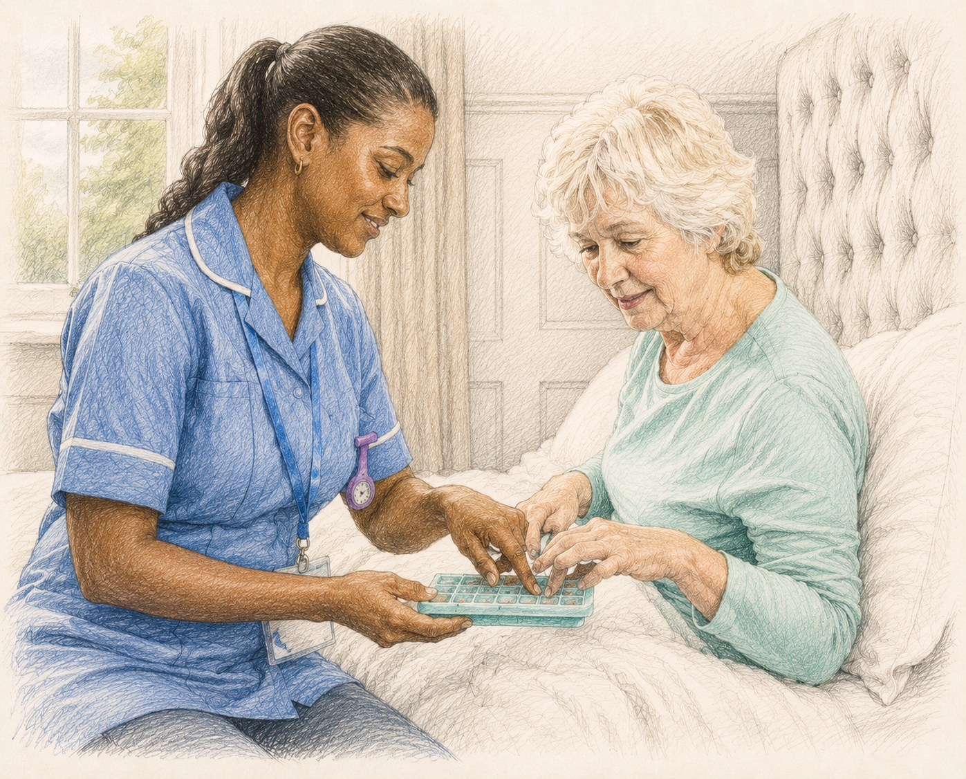 A nurse and an elderly woman are sitting on a bed, looking at a pink calculator together. The nurse is wearing blue scrubs and has a stethoscope badge, while the elderly woman is dressed in a light-colored top. They are in a warmly lit room with a window showing trees outside.
