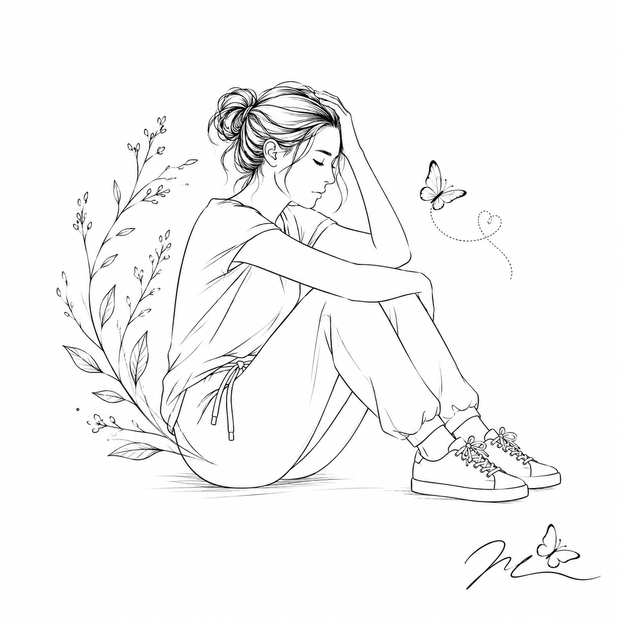 Line drawing of a young woman sitting on the ground with her knees curled up and her head resting on her hand, surrounded by flowers and butterflies.
