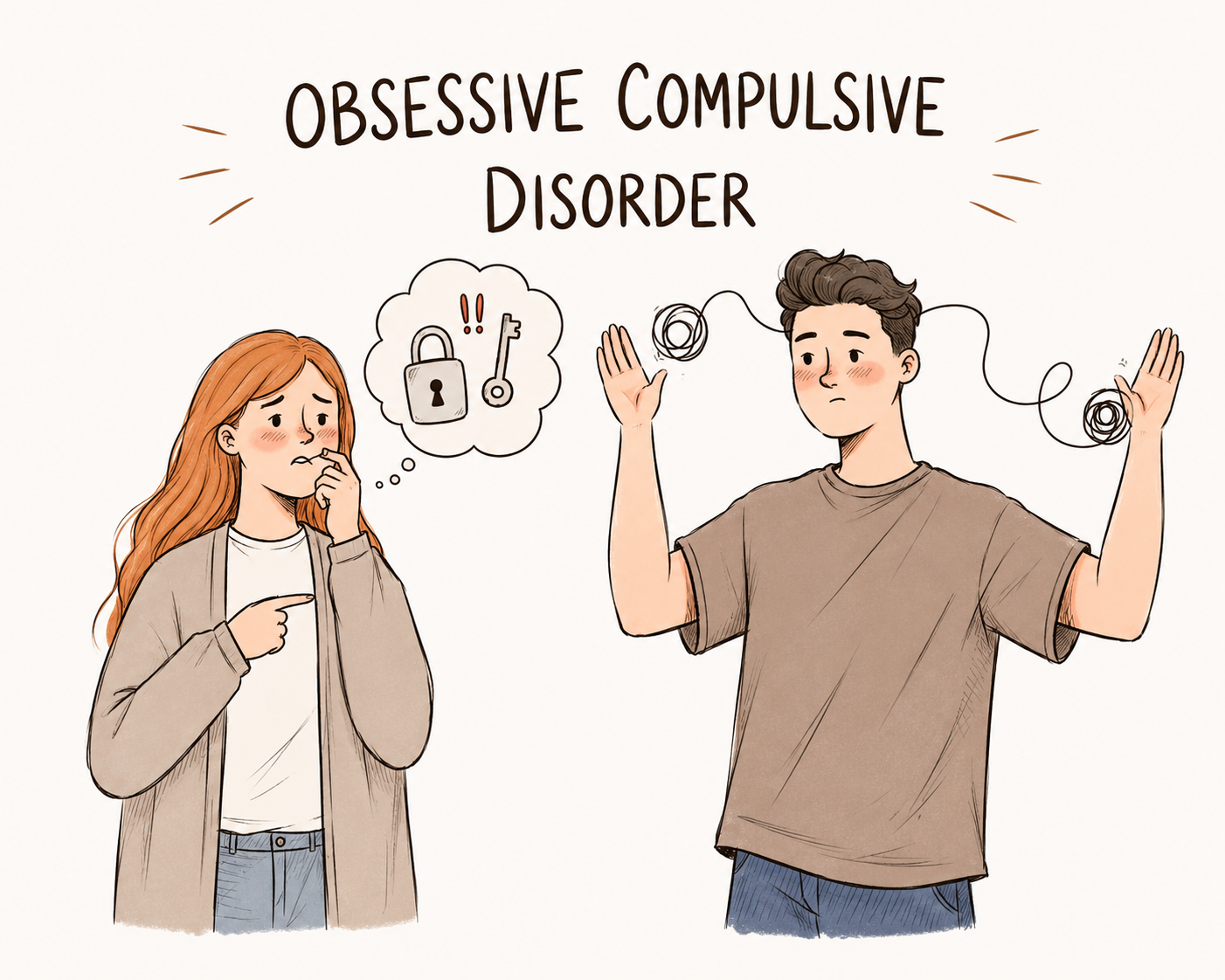 An illustration depicting a person with obsessive compulsive disorder, showing a girl worried about security, and a boy with tangled thoughts, under a sign that reads 'Obsessive Compulsive Disorder'.