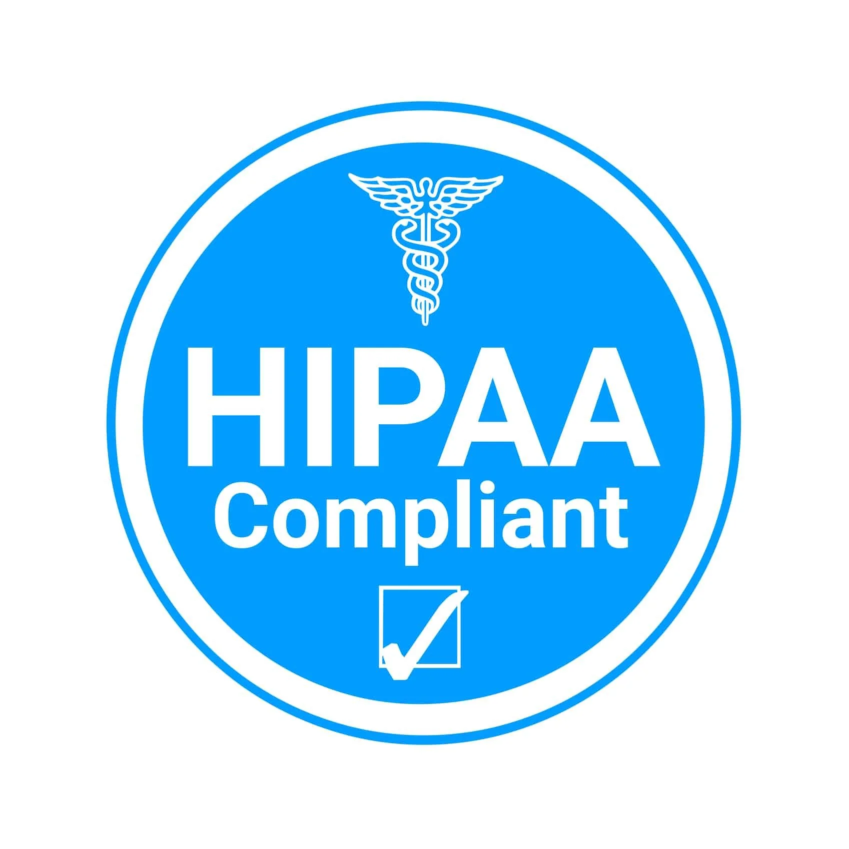 Blue circular badge with the words 'HIPAA Compliant' and a checkmark at the bottom. Contains a caduceus symbol at the top.
