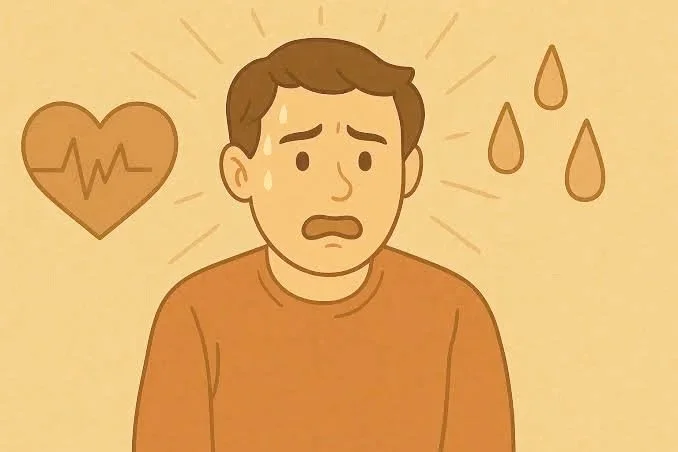 An animated illustration of a worried man sweating, with a heart symbol showing an irregular heartbeat and drops of sweat around his head.