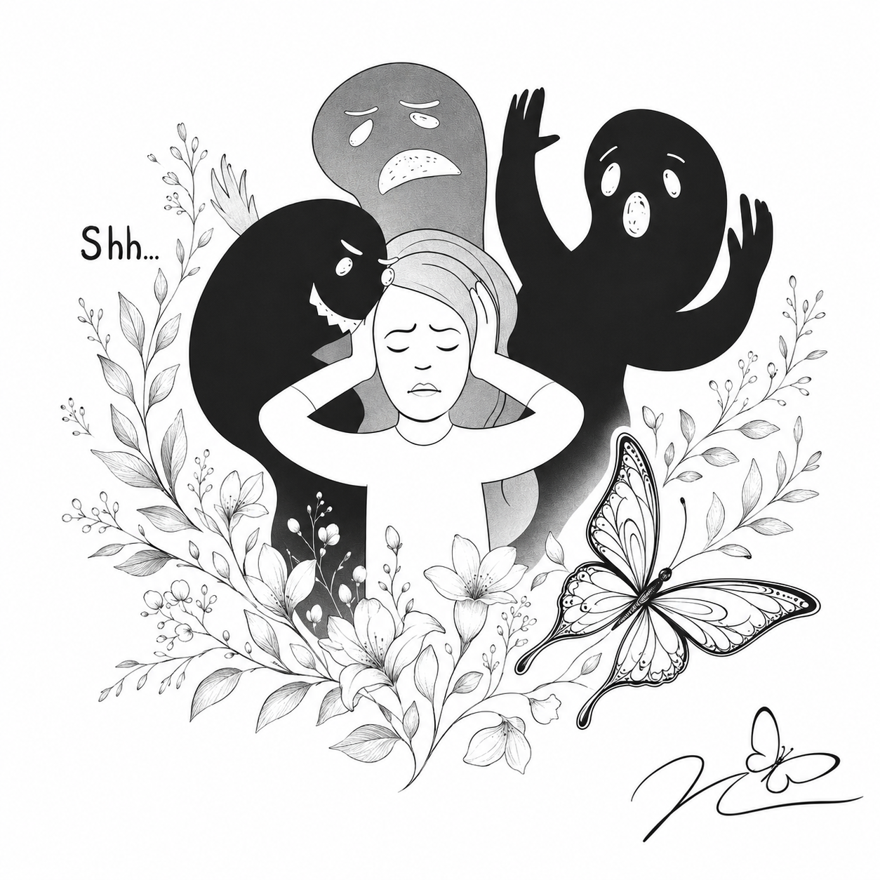 Black and white illustration of a woman with closed eyes holding her head, surrounded by three ghostly figures with frightened, anxious, and quiet expressions, amidst floral and butterfly elements.
