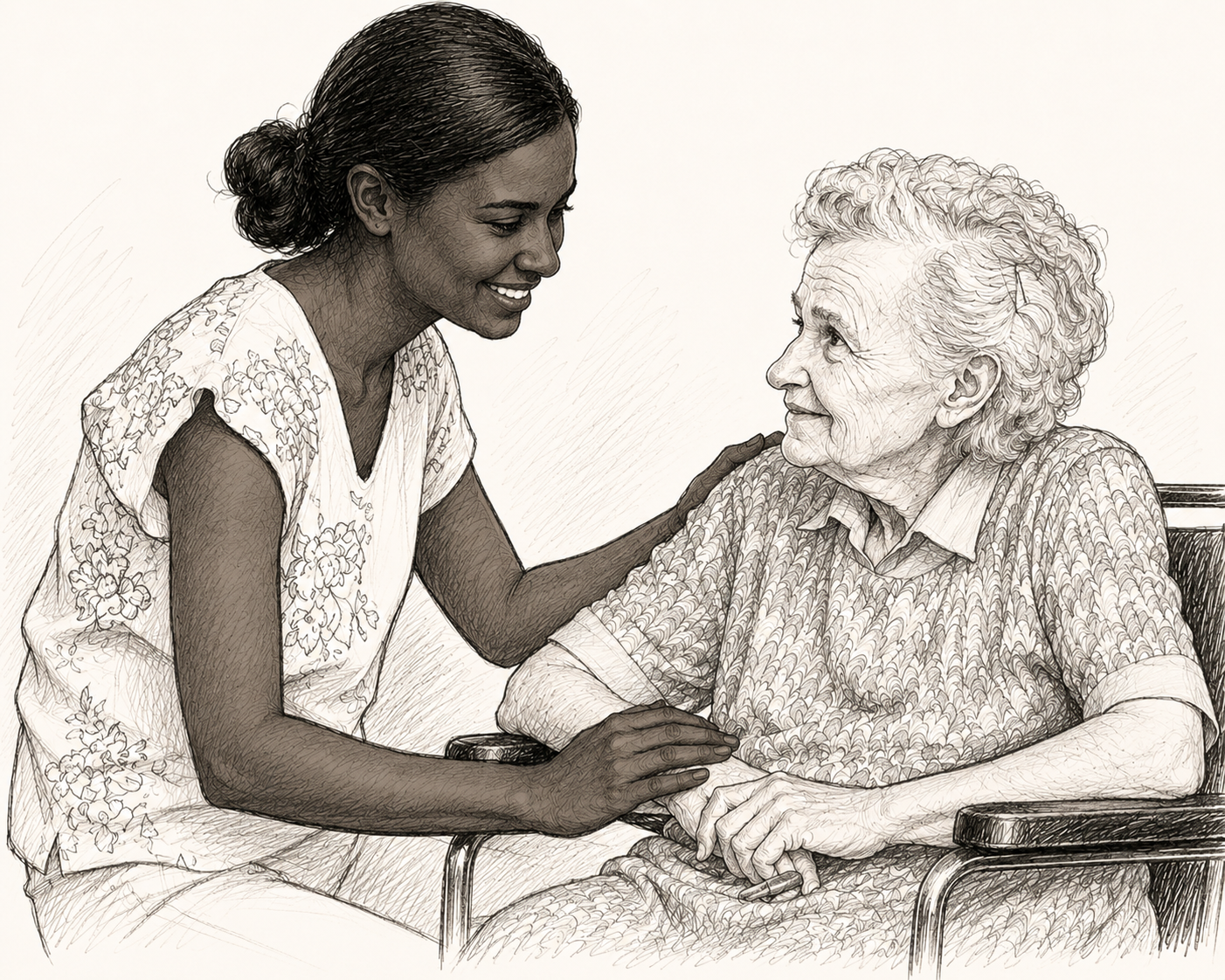 Illustration of a young woman with dark hair in a bun, smiling and leaning towards an elderly woman with curly gray hair, who is sitting in a wheelchair. The young woman has her hand on the elderly woman's shoulder and they are engaging in a moment of connection.