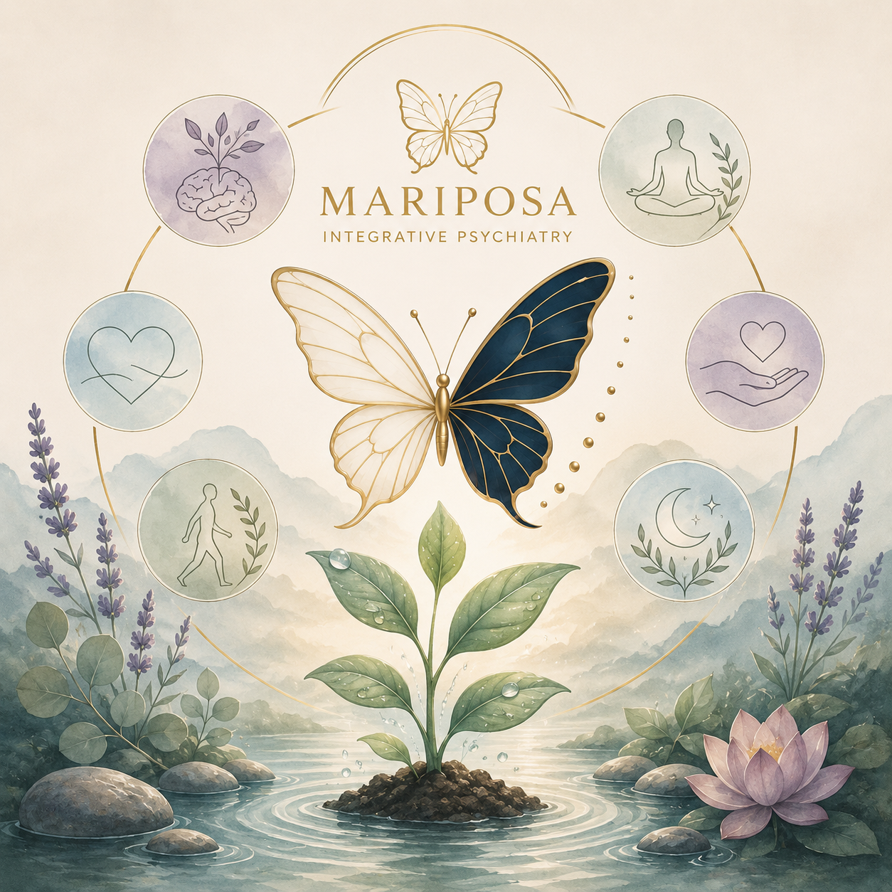 Artwork for Mariposa Integrative Psychiatry featuring a large butterfly with white and dark blue wings, surrounded by icons representing brain health, meditation, heart health, holistic wellness, mental health, and sleep, with a plant and lavender flowers in a peaceful landscape background.