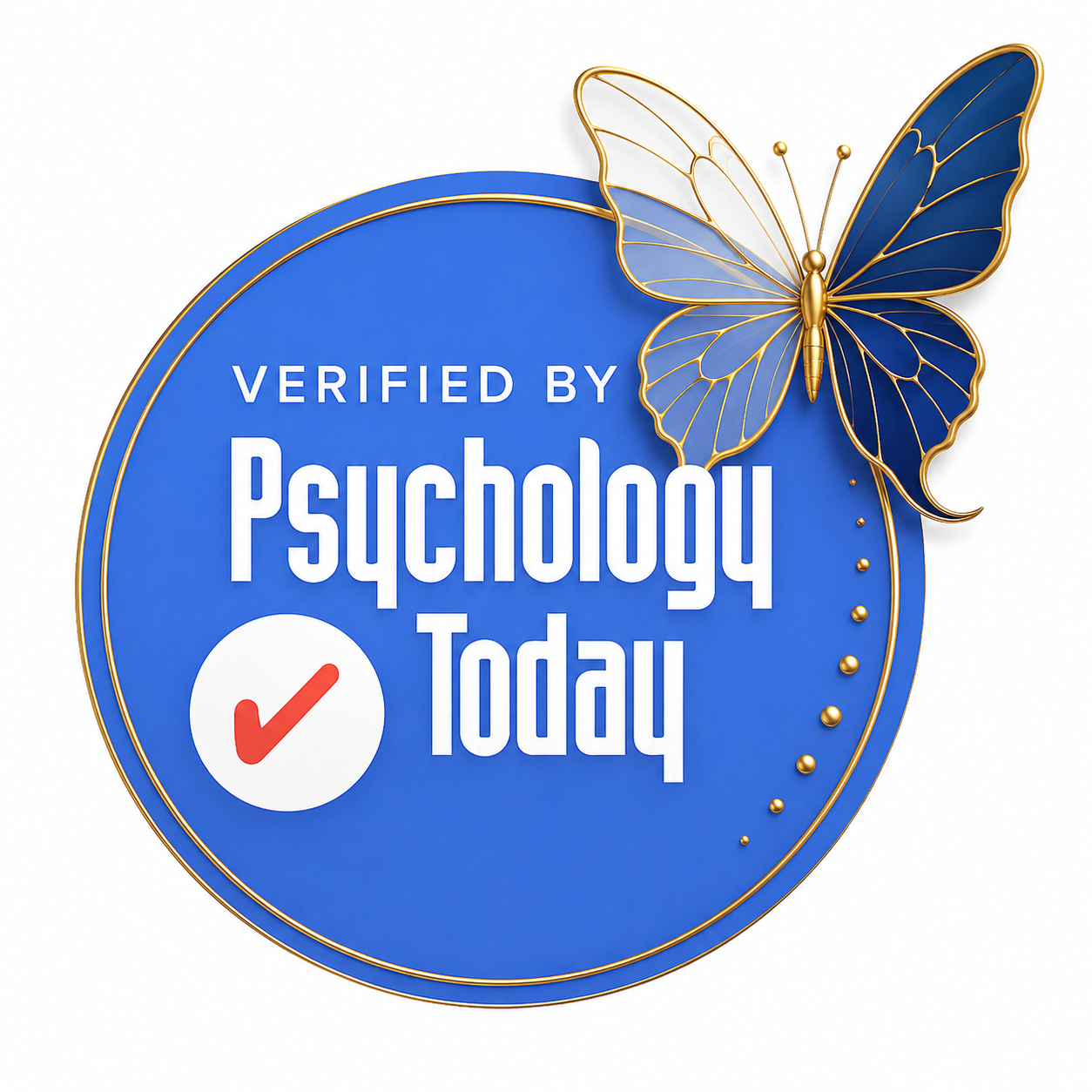 Blue badge with the text 'Verified by Psychology Today' and a red checkmark, decorated with a gold-outlined butterfly.
