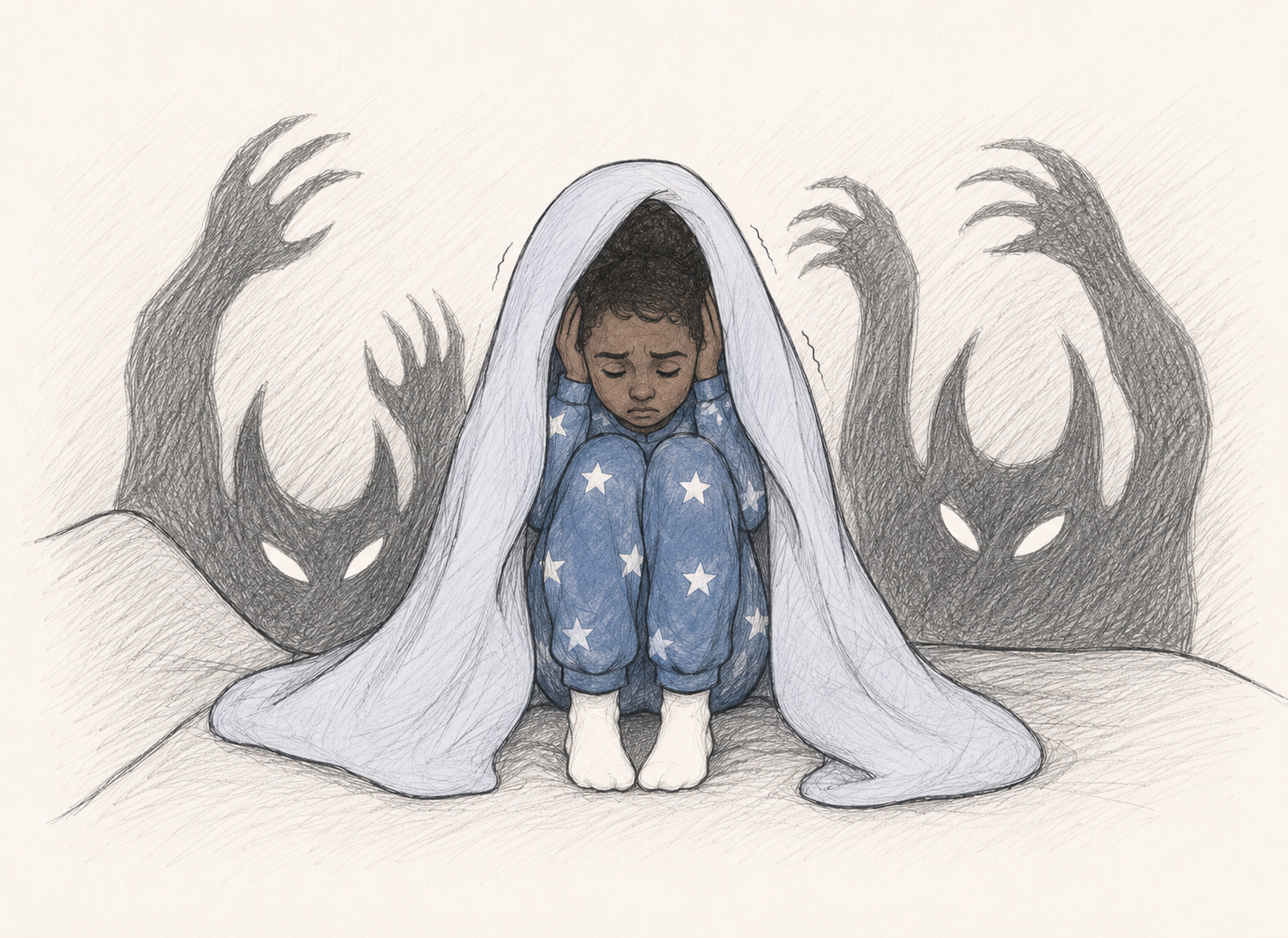 A young boy in pajama with stars sitting on the floor with a white blanket over his head, looking distressed. Behind him are two dark shadowy figures with glowing eyes and menacing claws, resembling demons or monsters.