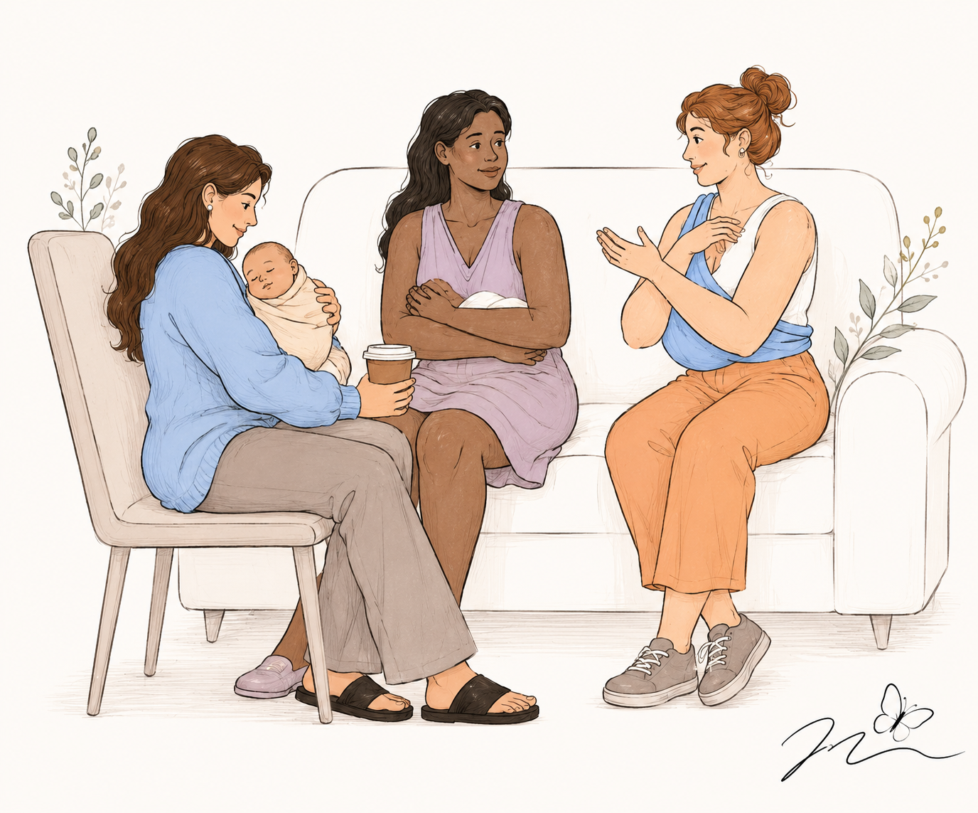 Four women sitting on a couch and chair having a conversation, with two women holding babies. One woman is holding a coffee cup. The background is white with decorative plants.