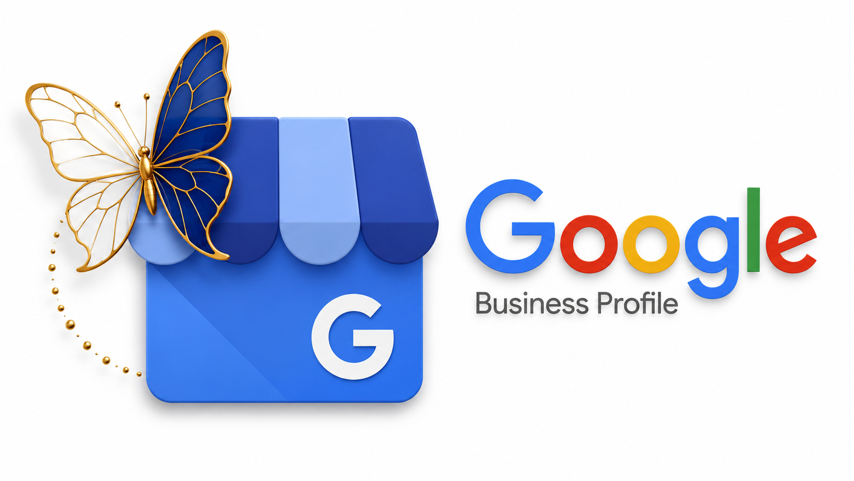 Google Business Profile logo on a white background, featuring a blue storefront icon with a gold butterfly perched on top.