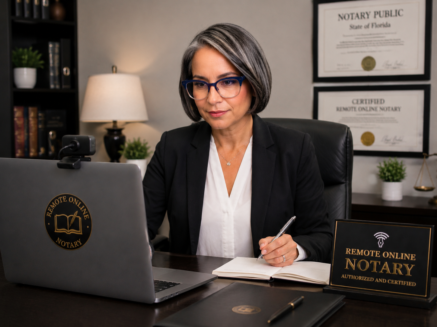 A woman with short gray hair and glasses, wearing a black blazer and white blouse, sitting at a desk with a laptop, taking notes with a pen. The desk has a sign that says "Remote Online Notary / Authorized and Certified". Behind her are framed certificates on the wall, a table lamp, and decorative plants.