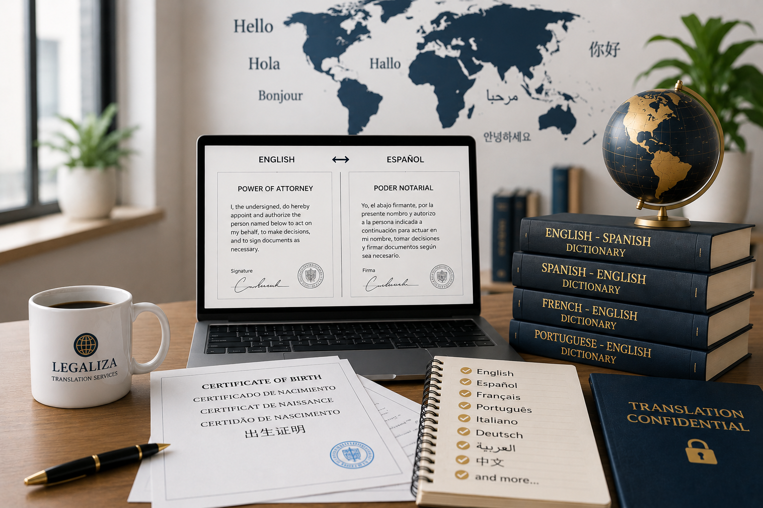 A workspace with translation and language learning materials, including a laptop displaying a power of attorney document in English and Spanish, a mug with a globe logo labeled 'Legaliza Translation Services,' a stack of language dictionaries, a globe on top of the dictionaries, a certificate of birth, a notebook with language checkmarks, and a blue translation confidentiality book. In the background, a world map with greetings in various languages is displayed.