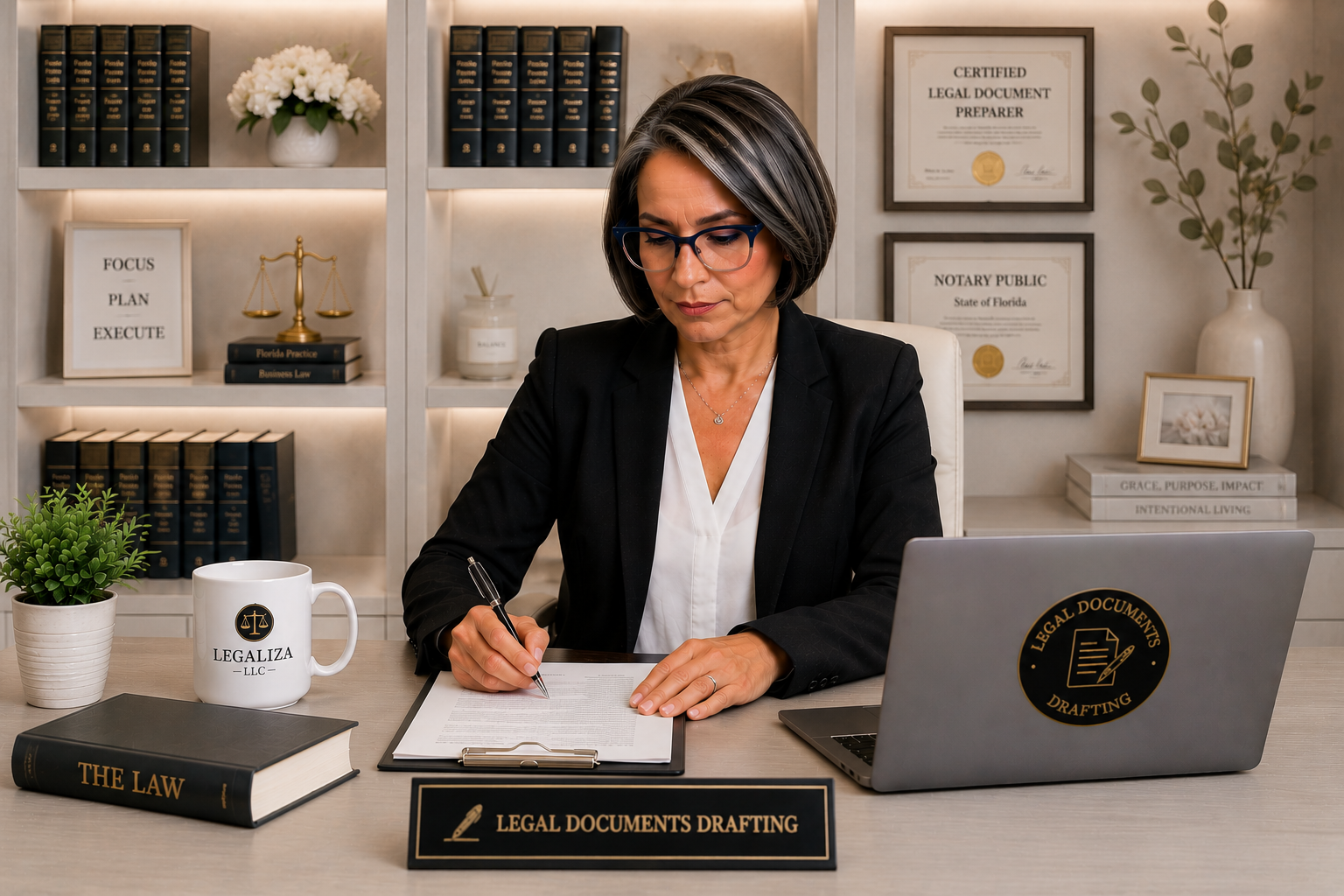 A woman dressed in a black blazer and white shirt, wearing glasses, sitting at a desk and signing legal documents. The desk has a large book labeled "The Law," a coffee mug with "Legaliza LLC," a potted plant, and a laptop with a "Legal Documents Drafting" sticker. Behind her are shelves with law books, a framed quote, a scale of justice, and framed certificates. The setting is professional and organized.