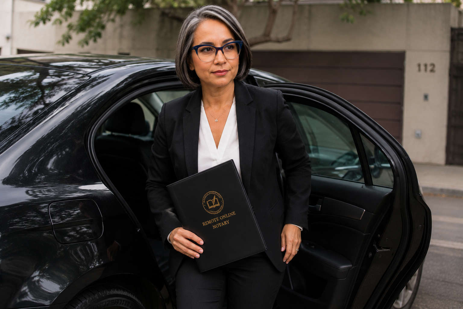 A professional woman with gray hair, glasses, and a black suit, holding a black folder labeled 'Remote Online Notary,' standing next to an open car door on a city street.