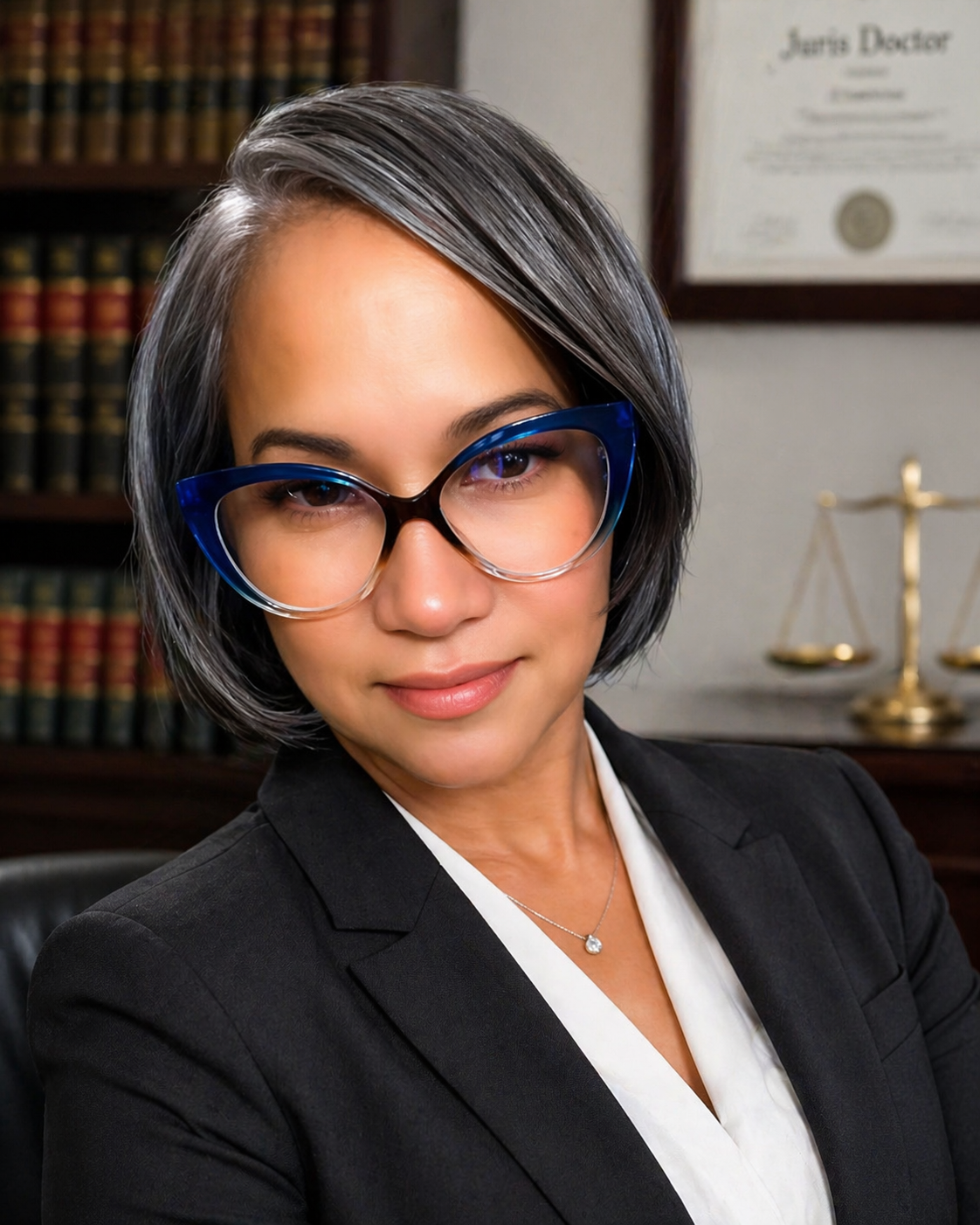 A woman with short gray hair, wearing large blue glasses, a black blazer, and a white shirt, smiling in an office setting with legal books, a scissor logo, and scales of justice in the background.