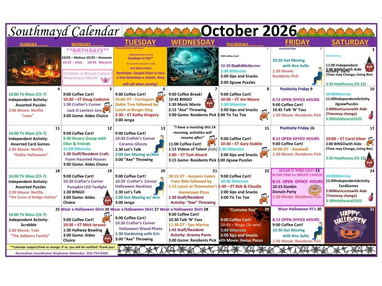 Southmayd Home Activities Calendar October 2026