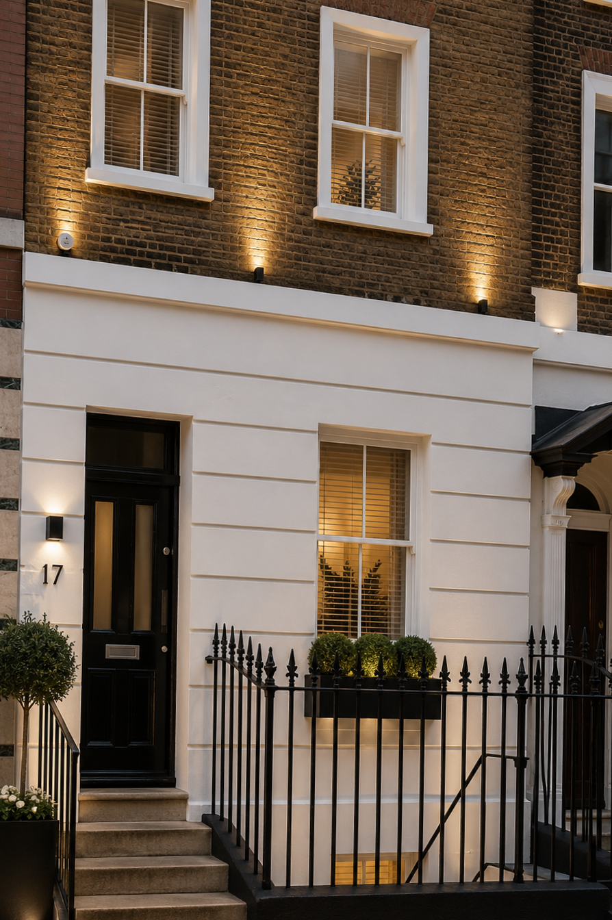 A modern townhome with a black front door, white exterior walls, and warm outdoor lighting. There are two windows with white trim and a window box with plants. A small set of stairs leads to the entrance, with a black metal fence surrounding the porch.