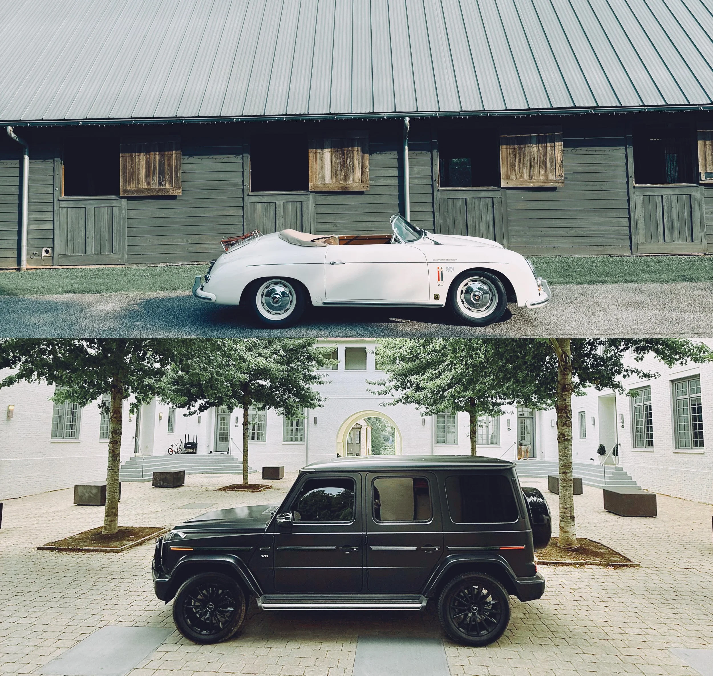 A black SUV parked on a cobblestone street in front of white building with multiple windows and trees.