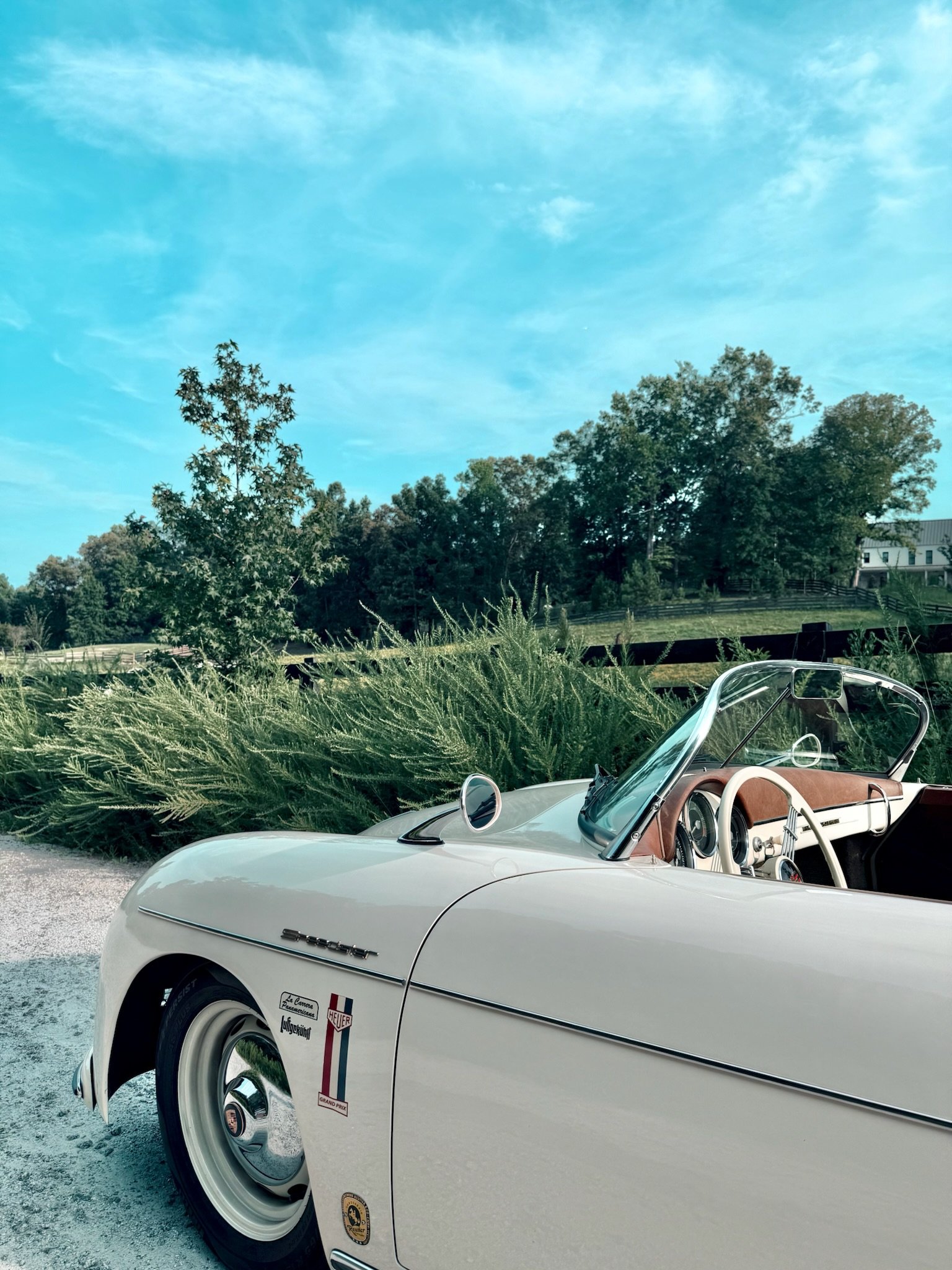 Rear three-quarter view of cream 1957 Porsche 356 Speedster replica, Atlanta wedding rental