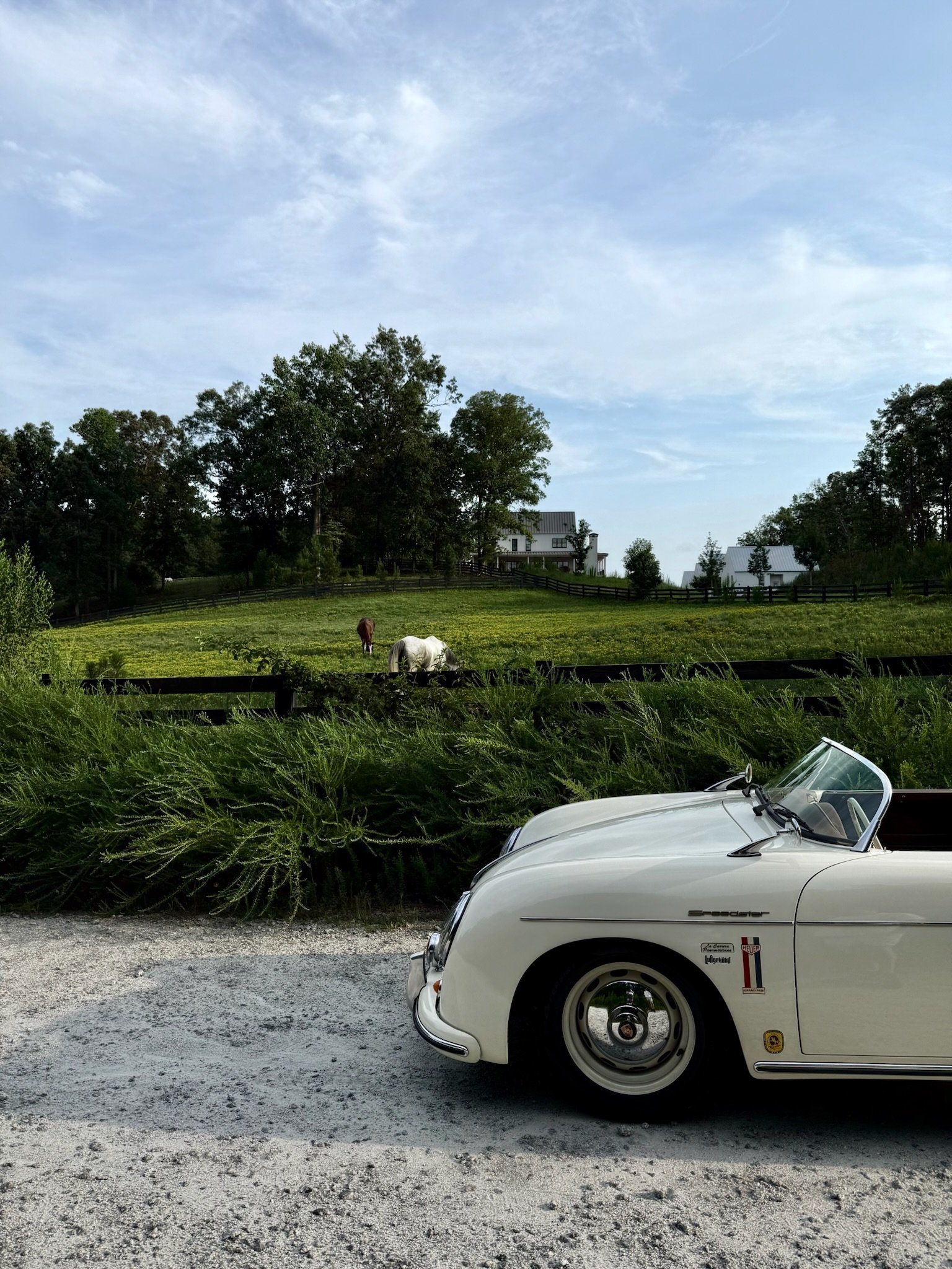 Side view of vintage Porsche convertible near horses.