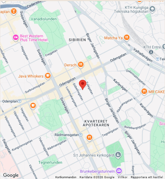 Karta över närområdet kring Mendo Psykologis mottagning i Stockholm.