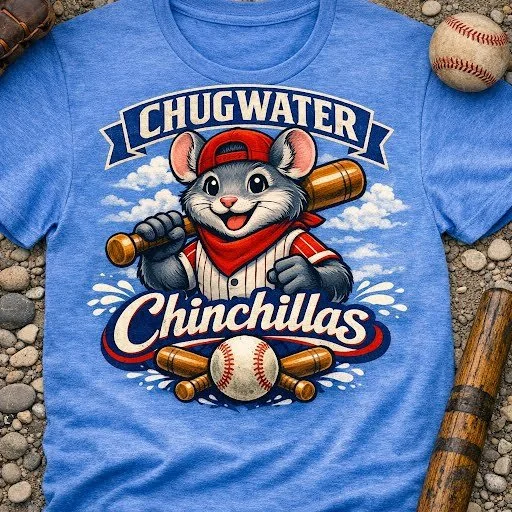 Blue t-shirt with image of chinchilla dressed in baseball outfit holding a bat with caption 'Chugwater Chinchillas"