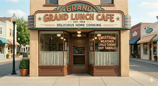 Exterior of Grand Lunch Cafe on the Main Street of the fictional town of Sweetgum