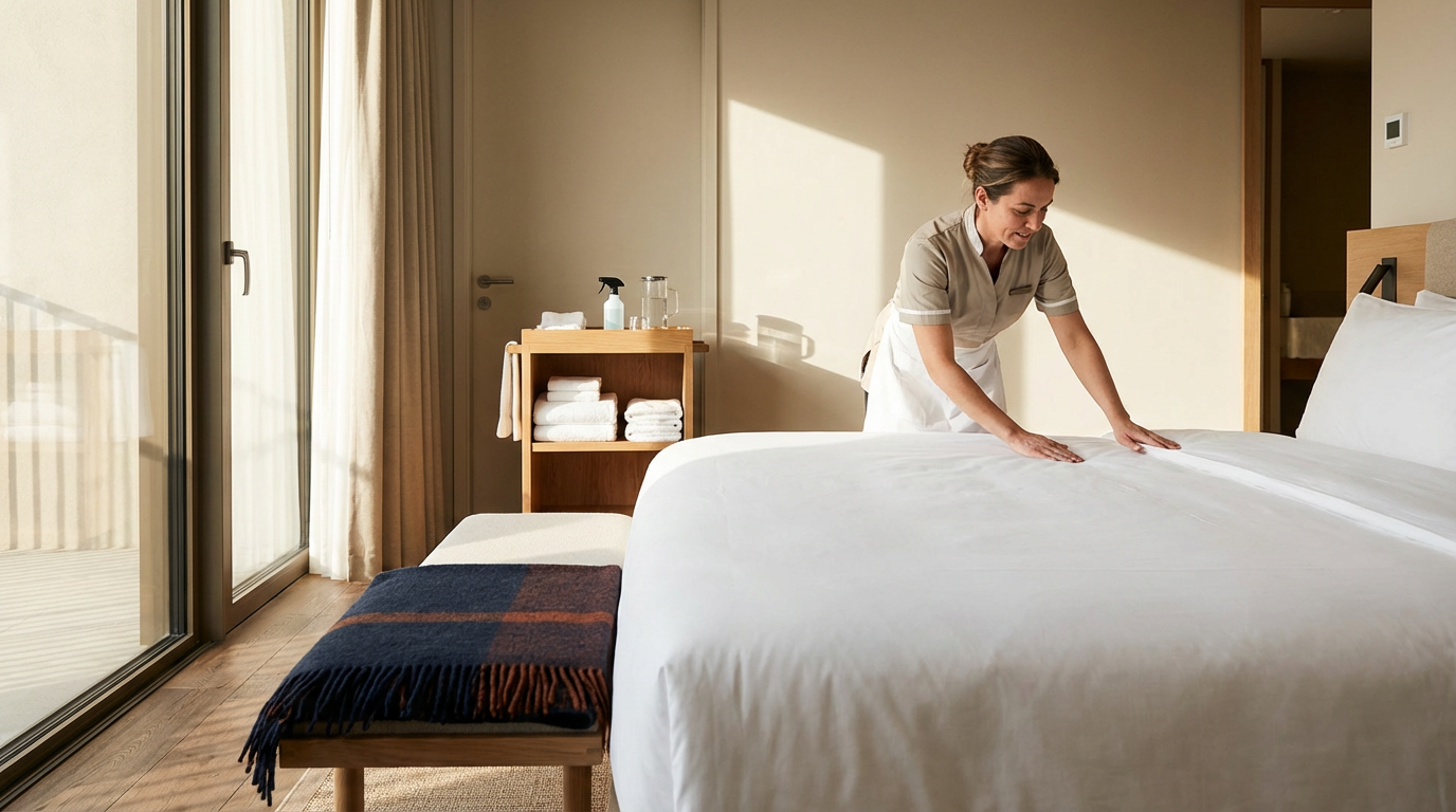 A woman in a maid uniform makes a bed in a hotel room, with sunlight coming through large glass doors leading to a balcony.