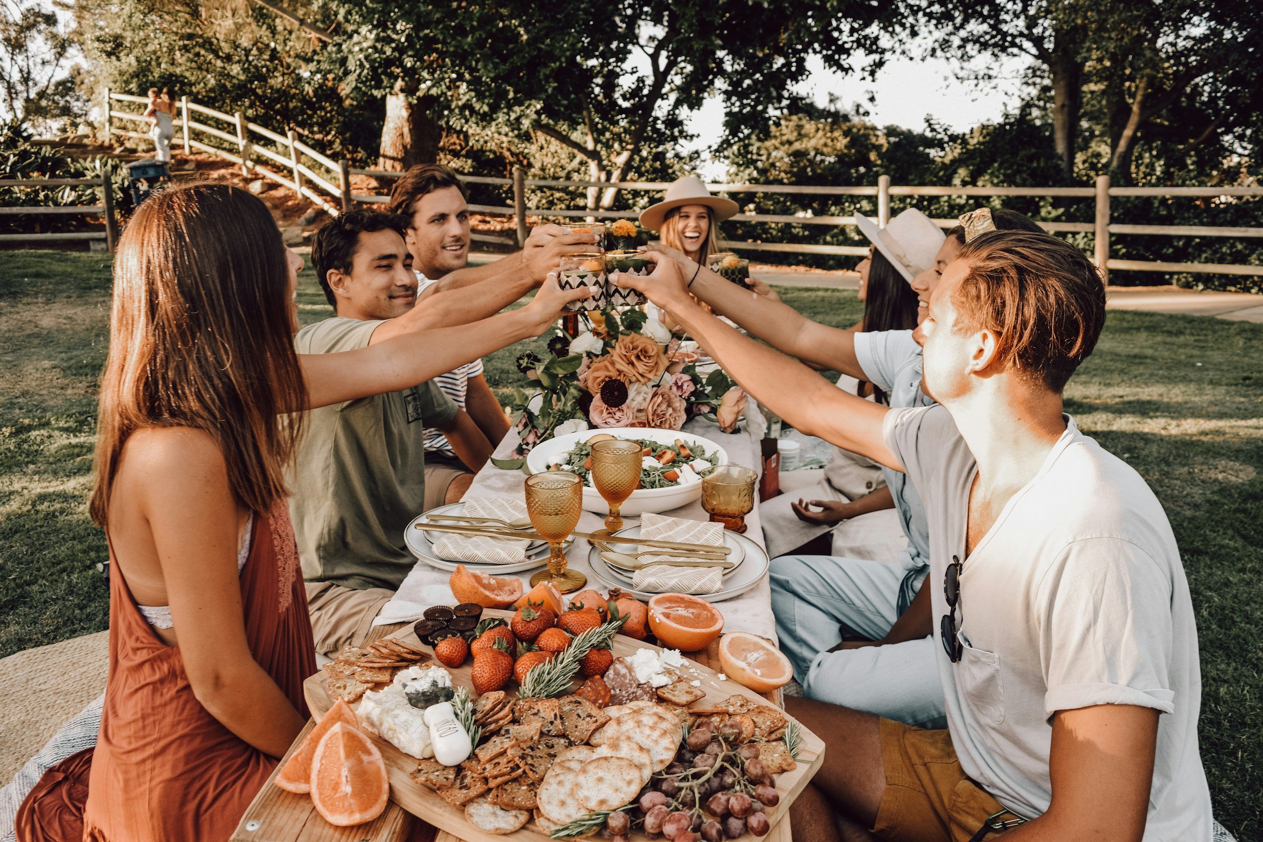 Group of people raising glasses for a toast at a celebratory outdoor gathering with a table of food, including fruits, crackers, and wine, in a park setting with trees.