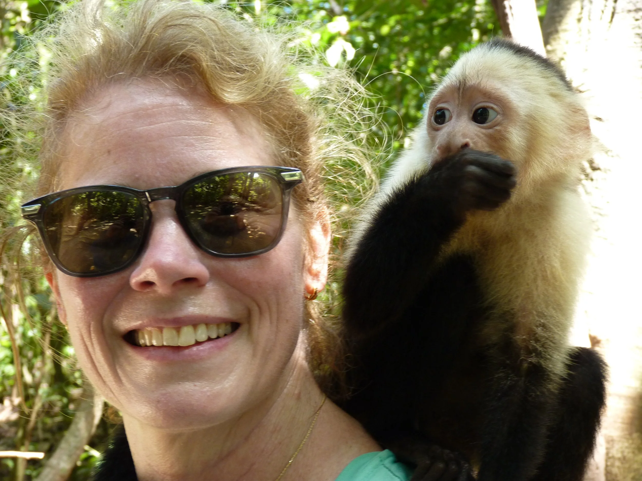 A woman wearing sunglasses smiling as a small monkey with light fur and dark face touches her face in a lush green forest.