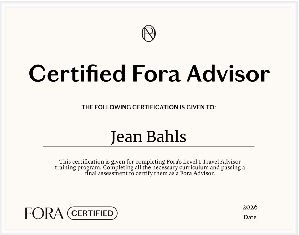 Certificate titled 'Certified Fora Advisor' awarded to Jean Bahls for completing Fora's Level 1 Travel Advisor training program, dated 2026.