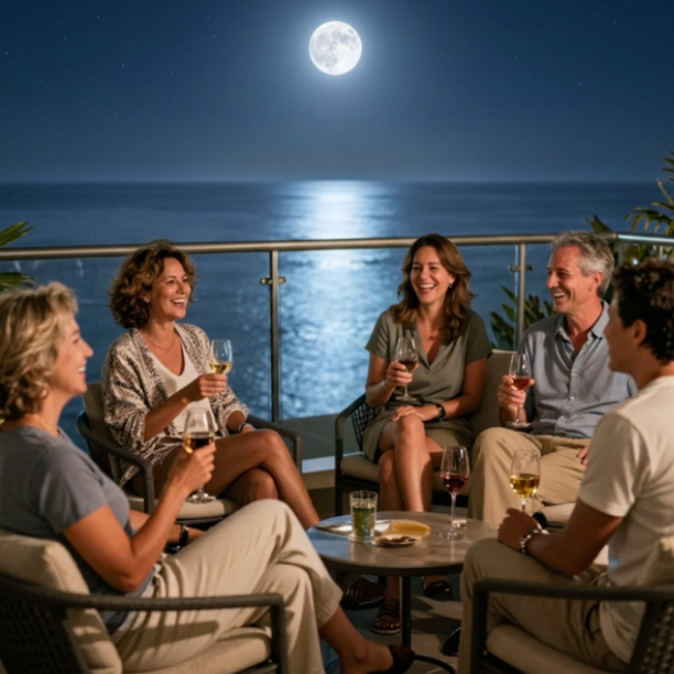 A group of six people enjoying drinks and laughing together on a balcony at night with a full moon over the ocean in the background.