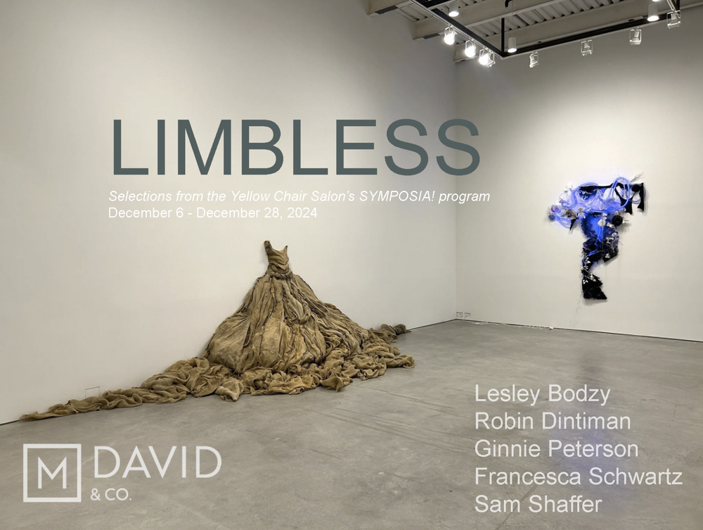 Photo of an art gallery wall with text overlay promoting an exhibition called 'LIMBLESS'. The exhibition features selections from the Yellow Chair Salon's SYMPOSIA! program, running from December 6 to December 28, 2024. The wall displays two sculptures: a large, draped fabric piece resembling a reclining figure or creature on the left, and an abstract art piece with blue, purple, and black elements on the right. The gallery has a minimalist design with light-colored walls and ceiling-mounted lighting.