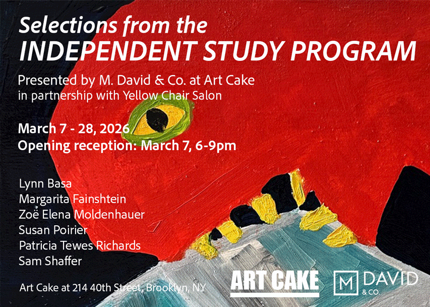 Red background with event information about an art exhibition titled 'Selections from the Independent Study Program.' It features a painted eye and footprints, and details about dates, artists, and location in Brooklyn, NY.