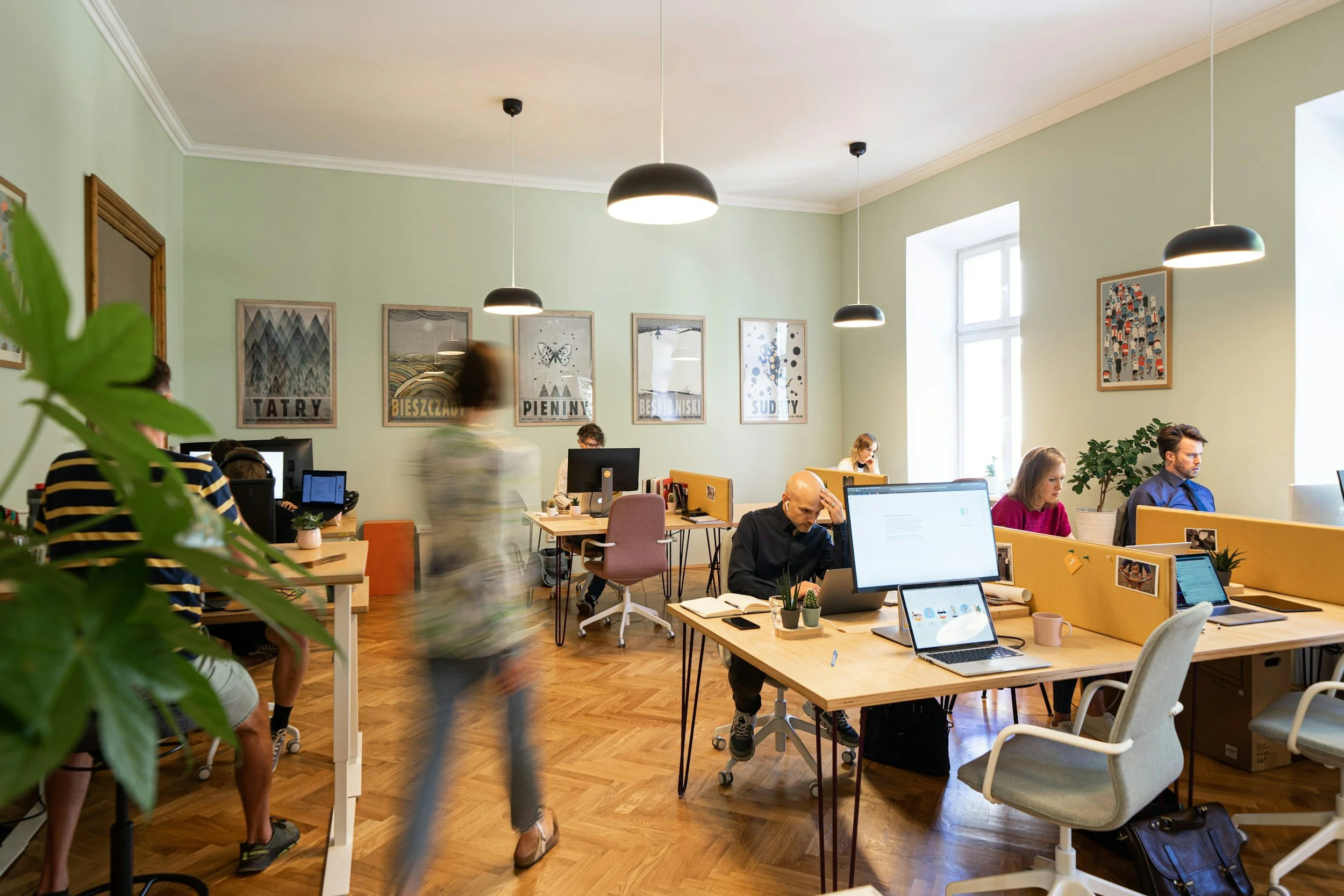 A modern open-plan office with people working at desks, large windows, and framed artwork on the pale green walls. There are hanging pendant lights and some greenery.