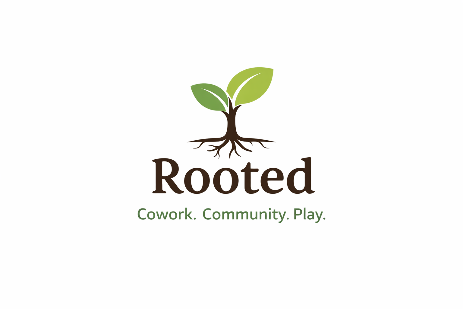 Logo of a plant with roots, accompanied by the text 'Rooted' and the tagline 'Cowork. Community. Play.'