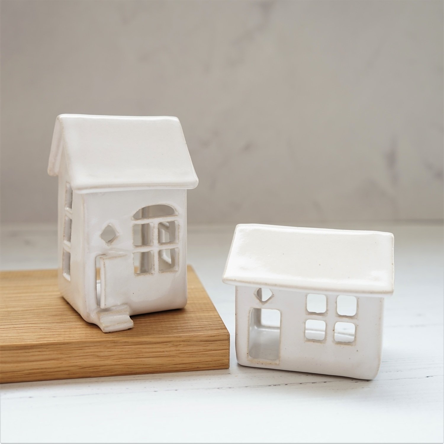 Handmade White Ceramic Tealight House – Nordic Winter Village Decor