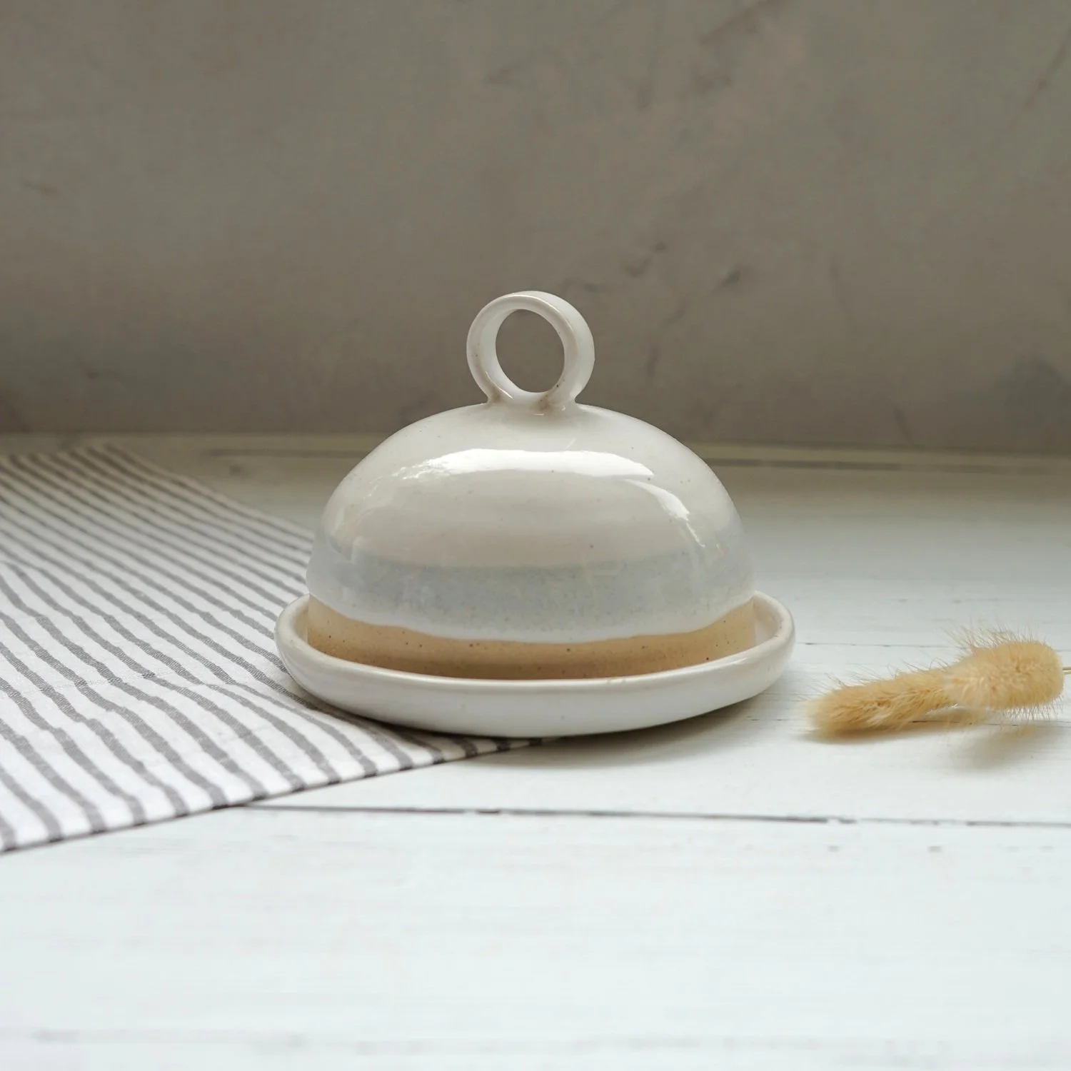 Handmade Ceramic Round Butter Dish with Lid – White & Grey Glaze