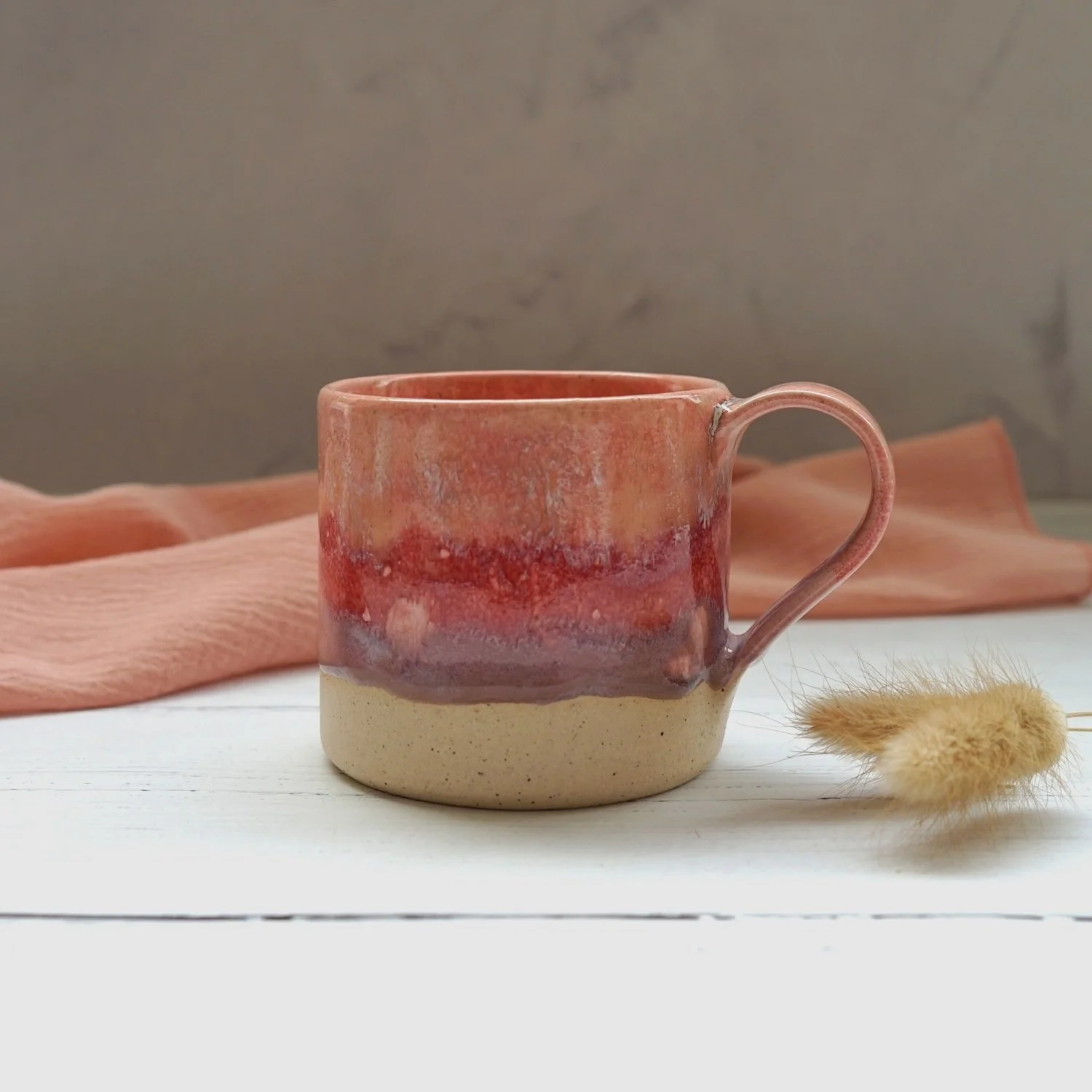 Handmade Ceramic Coffee Mug – Peach and Burgundy Sunset Glaze