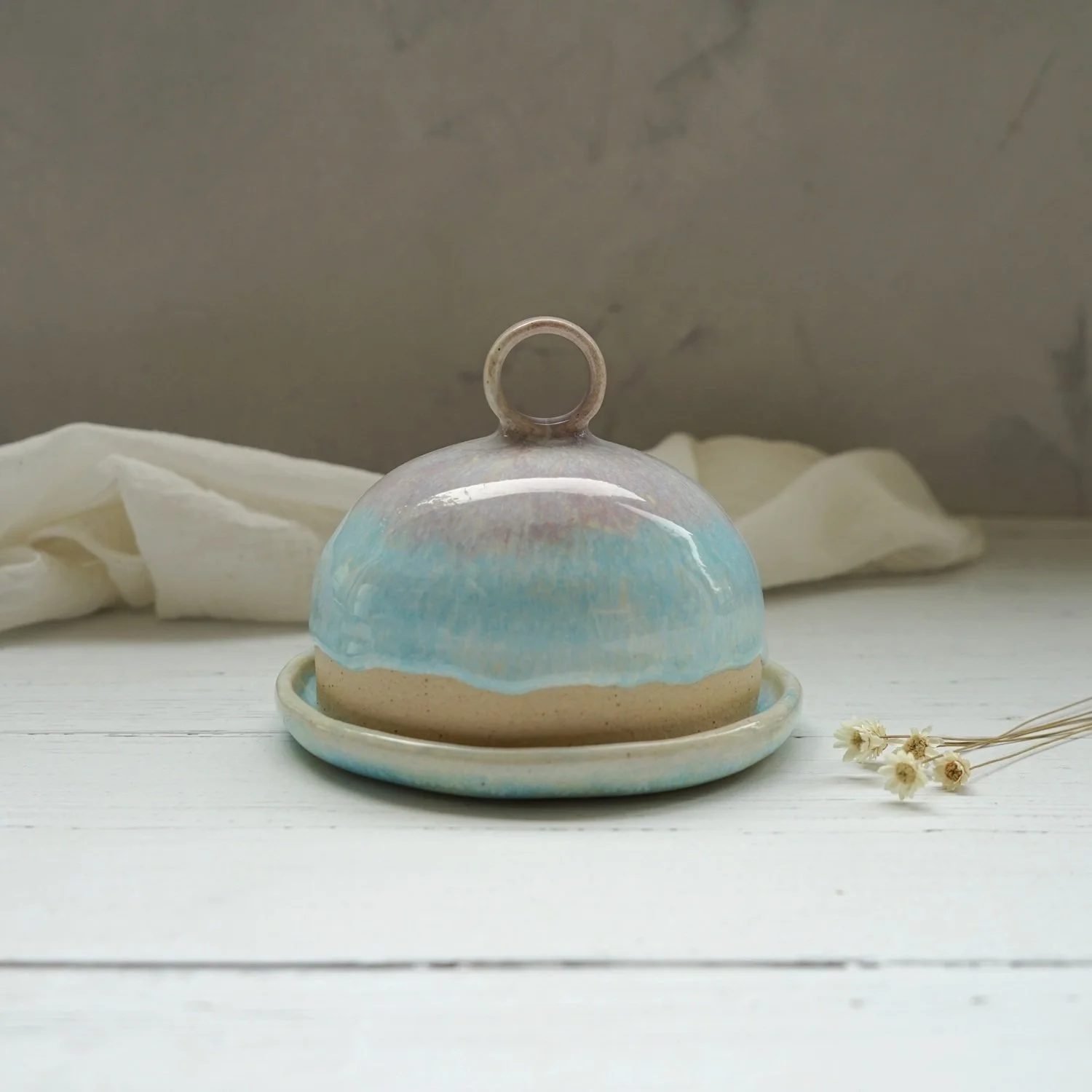 Handmade Ceramic Round Butter Dish – Pastel Blue and Lavender Glaze
