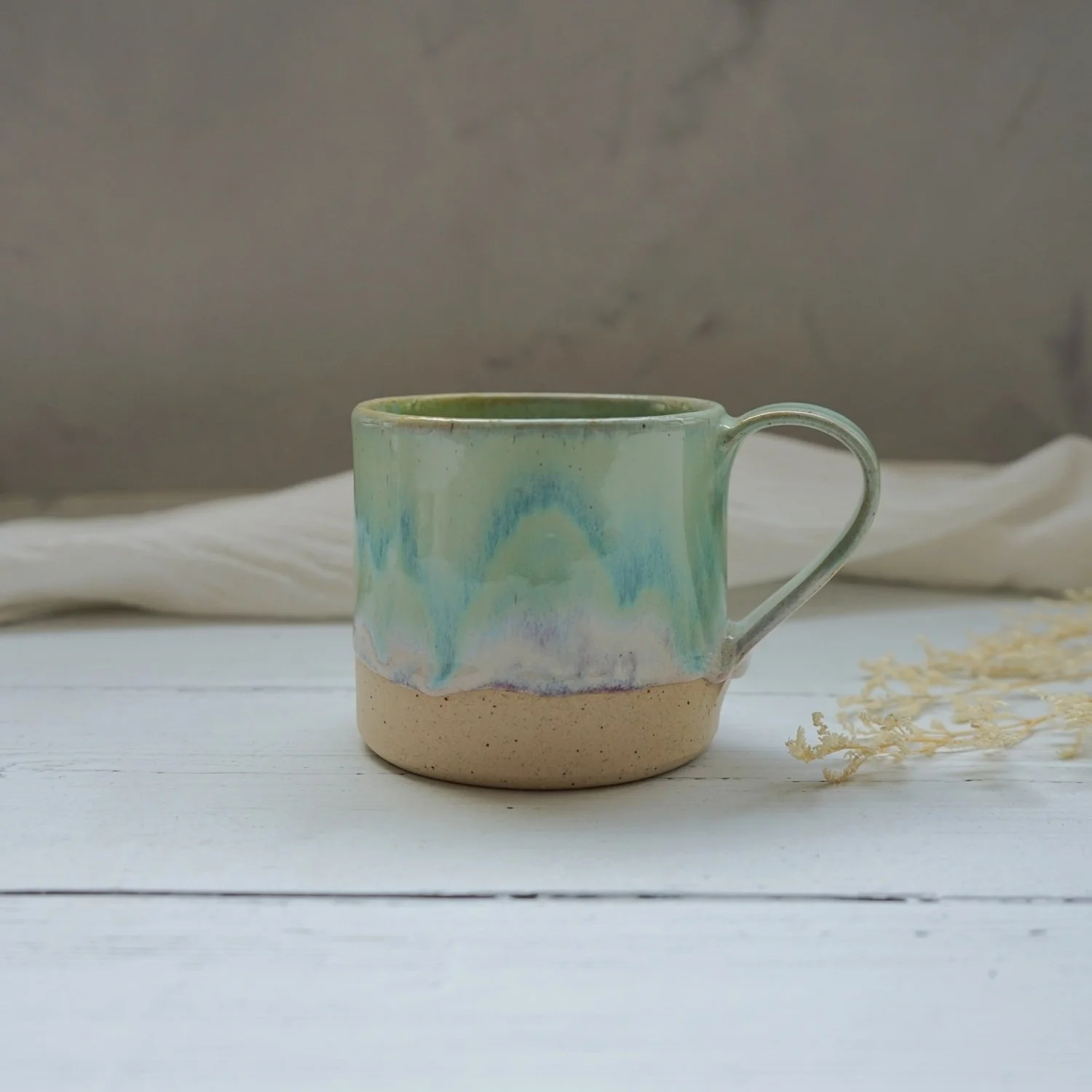 Handmade Ceramic Coffee Mug – Mint Green and Lavender Ocean Glaze