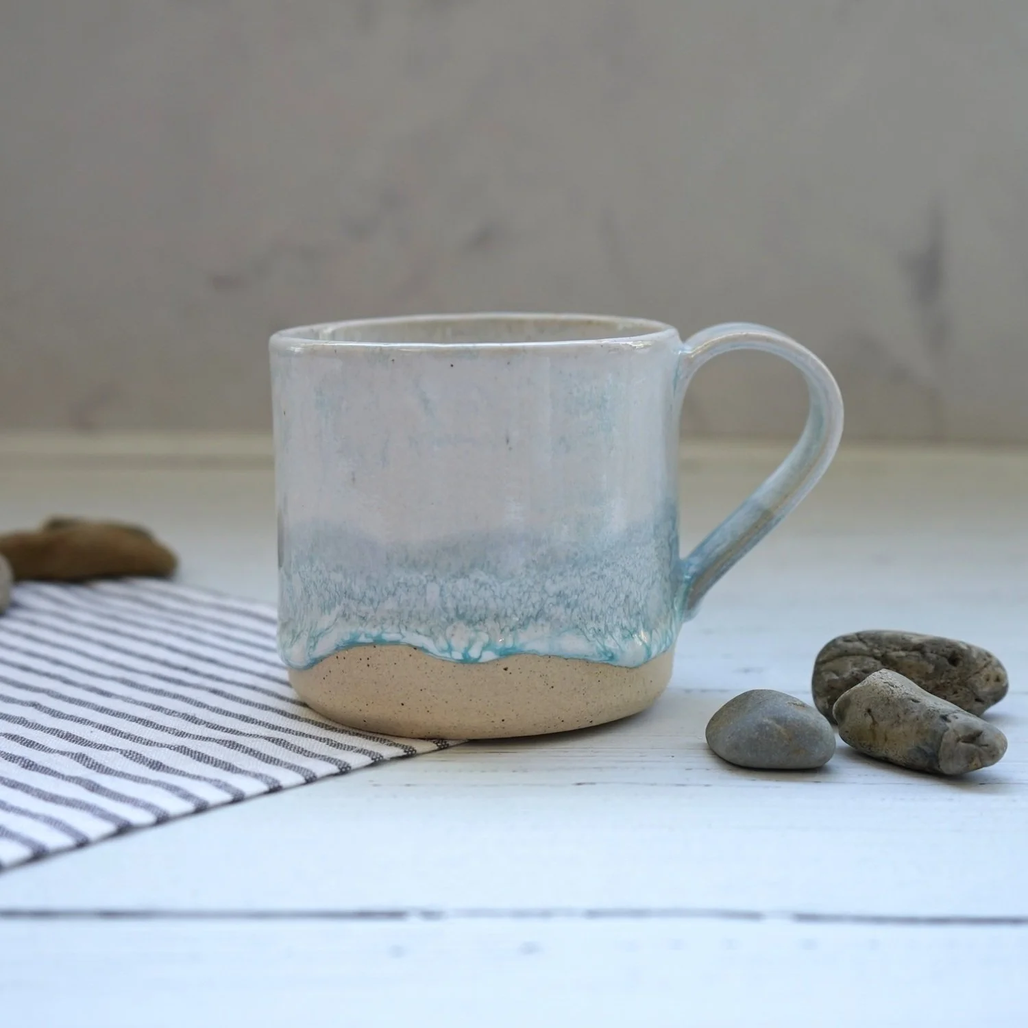 Handmade Ceramic Coffee Mug – White and Seafoam Blue Ocean