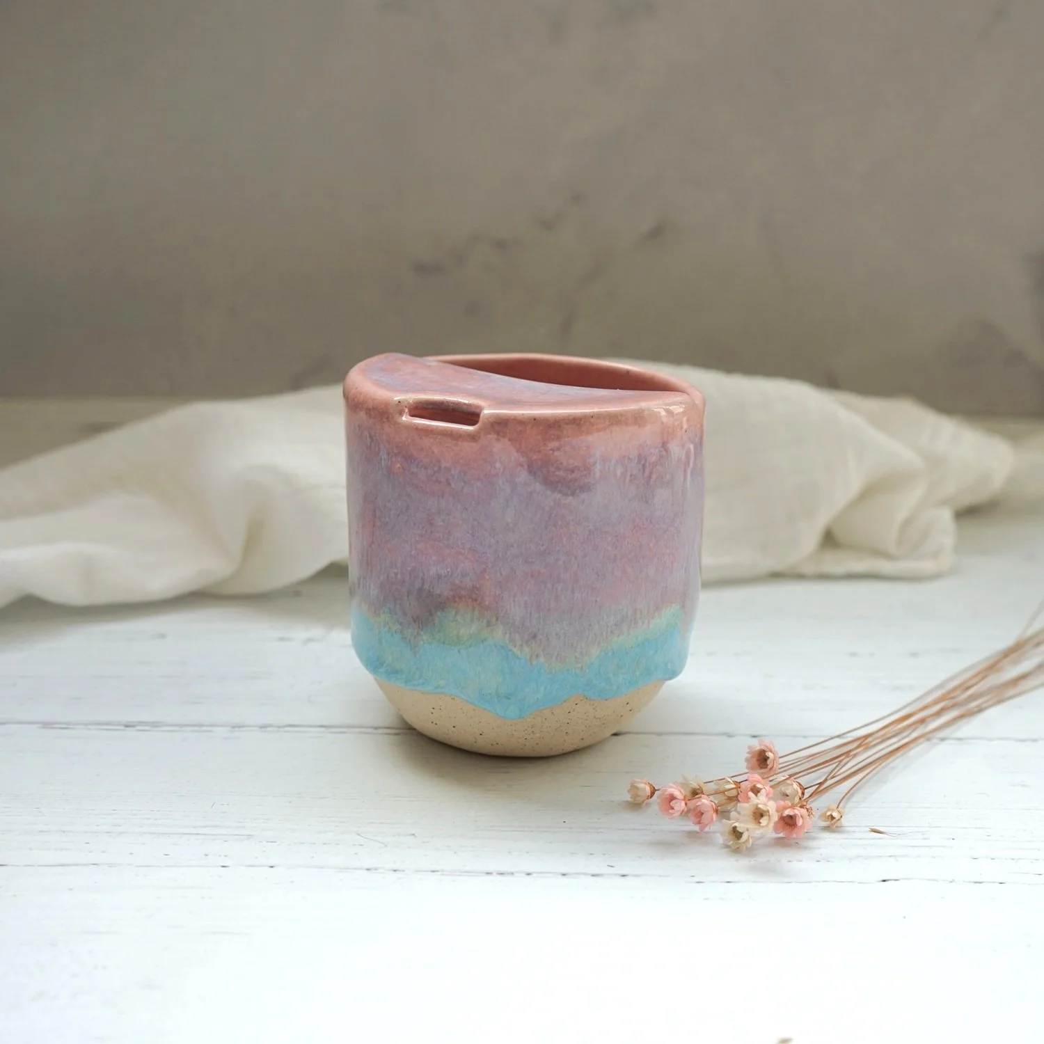 Handmade Ceramic Travel Cup – Pink, Purple and Teal Sunset Glaze