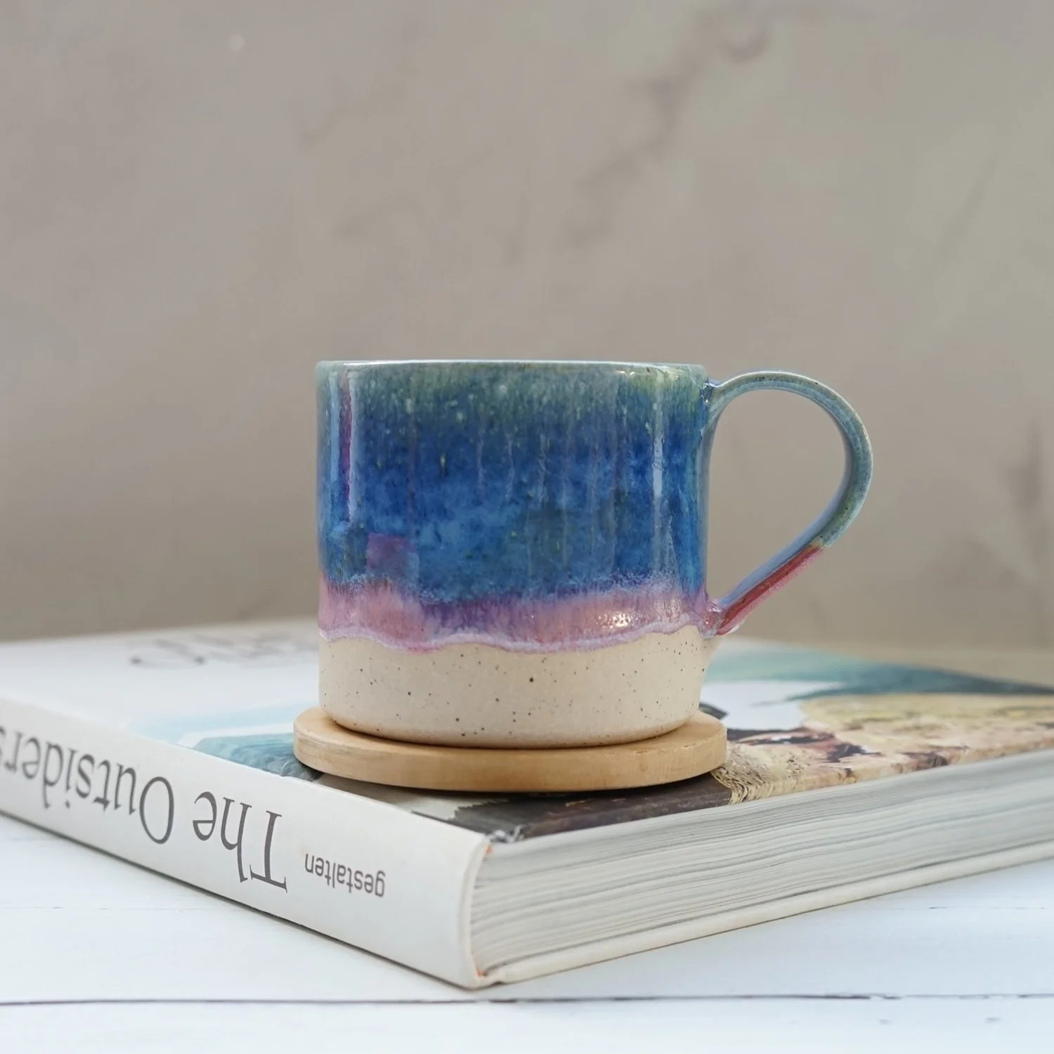 Handmade Ceramic Coffee Mug – Blue and Dusty Rose Sunset Glaze