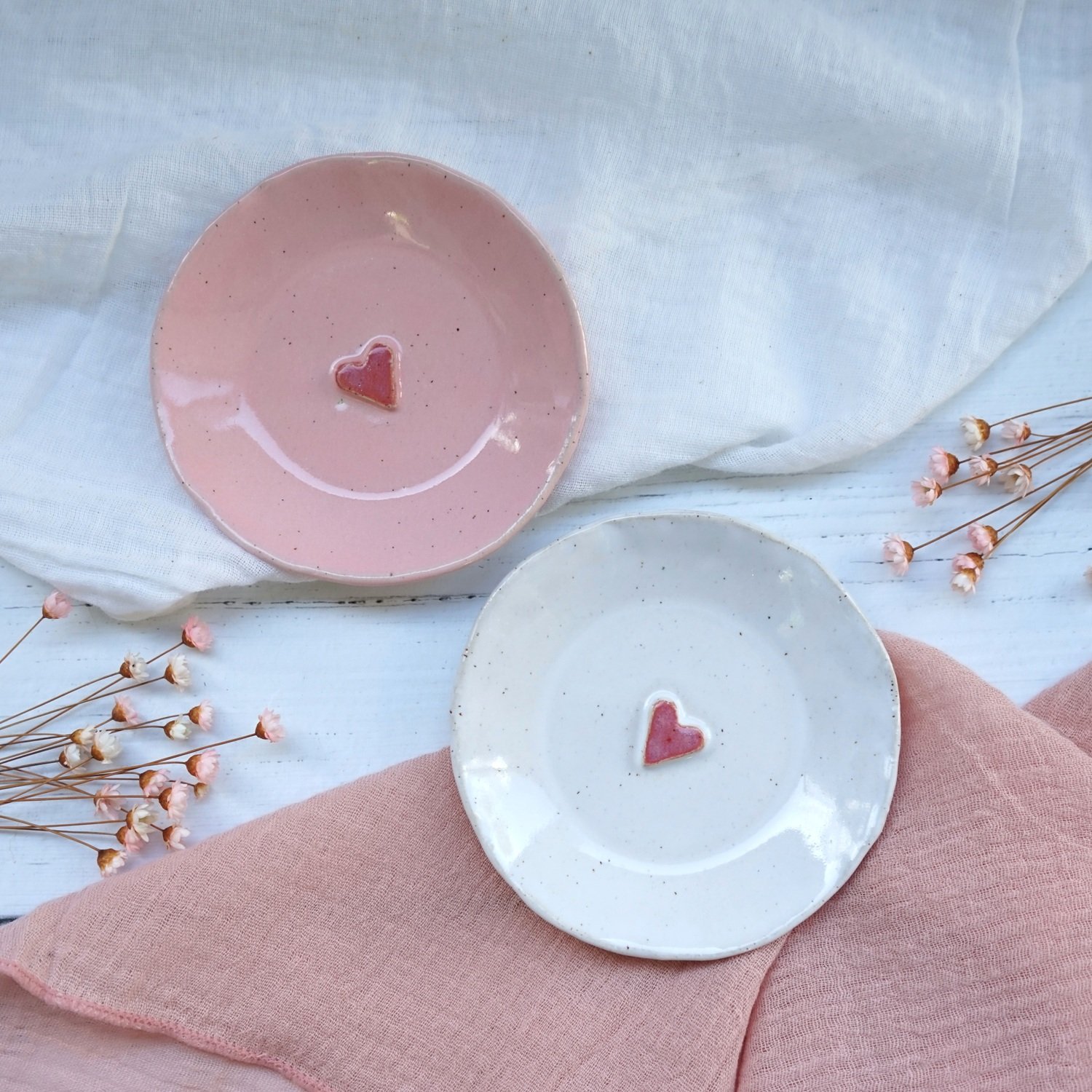 Mini Stoneware Trinket Dish – Pink or White and Red Heart Jewellery Holder
