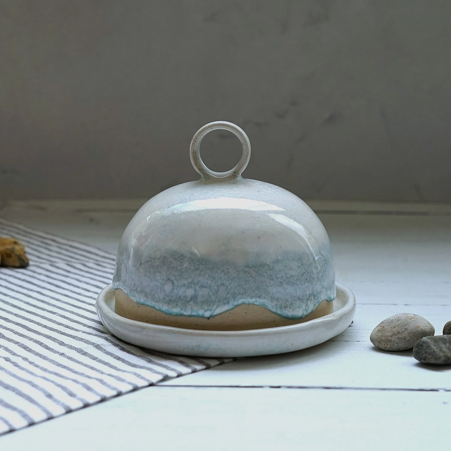 Stoneware Round Butter Dome – White and Seafoam Blue Glaze