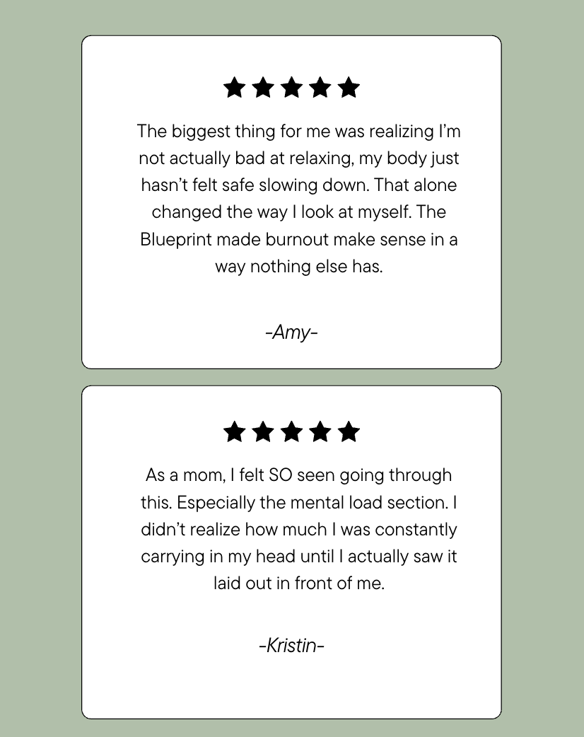 Customer testimonials with five-star ratings from Amy and Kristin on a light green background, discussing relaxation, burnout, and mental load.