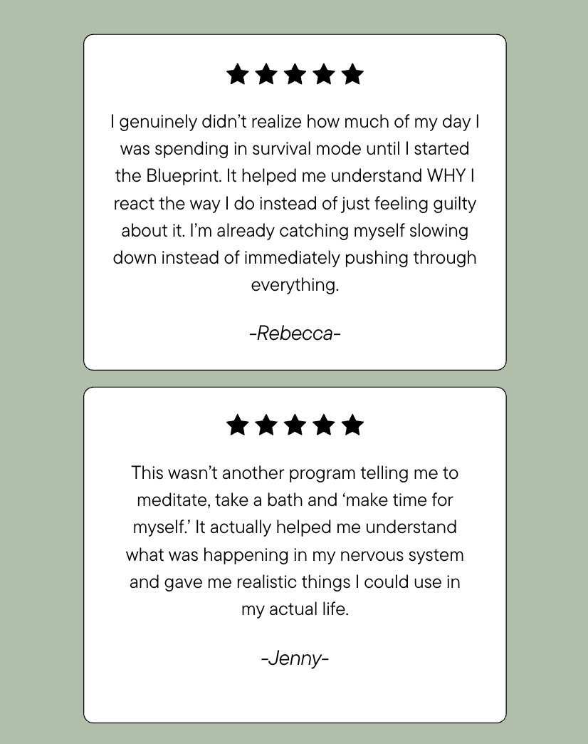 Two testimonial cards with five-star ratings at the top, containing reviews from Rebecca and Jenny on a light green background. Rebecca's review discusses the benefits of a self-improvement program, and Jenny's review mentions understanding nervous system responses.